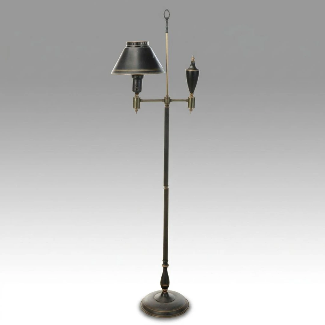 Vintage Black and Brass Toleware Floor Lamp