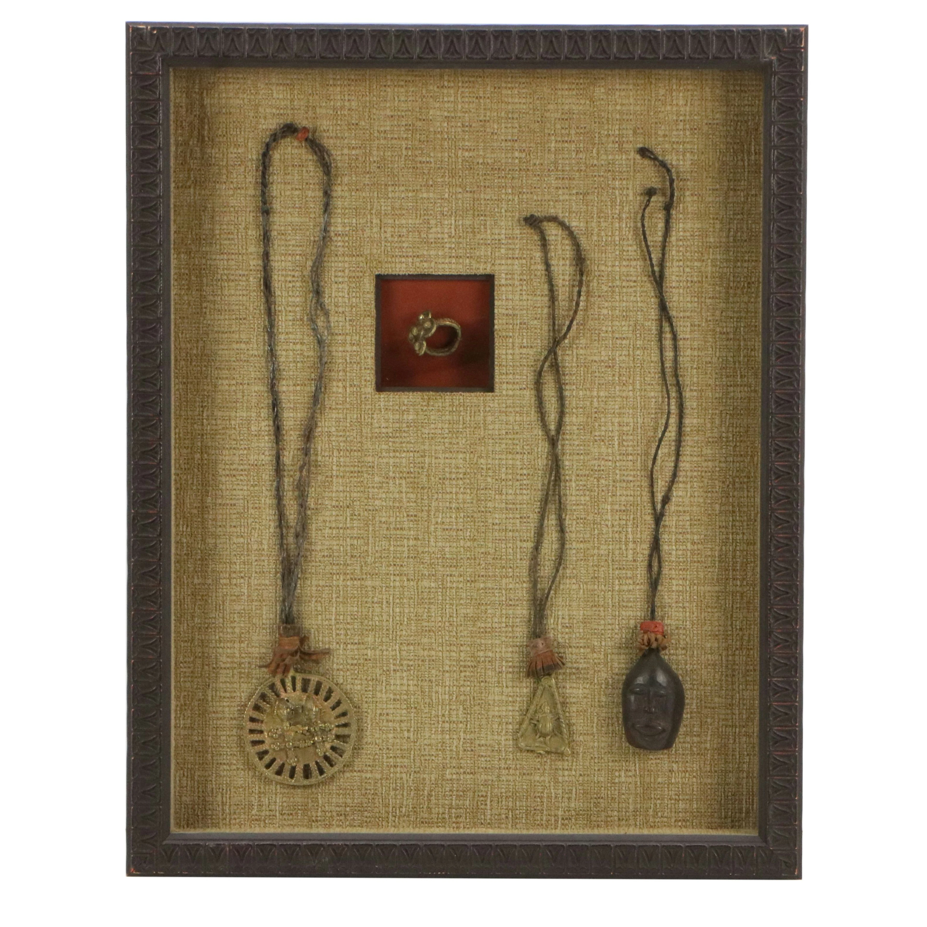 African Dan Carved Wood Mask Pendant with Cast Brass Jewelry
