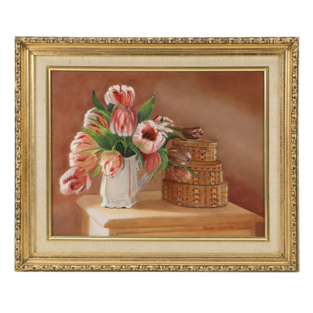 Trudy Shapiro Oil Painting of Still Life with Tulips, Late 20th Century