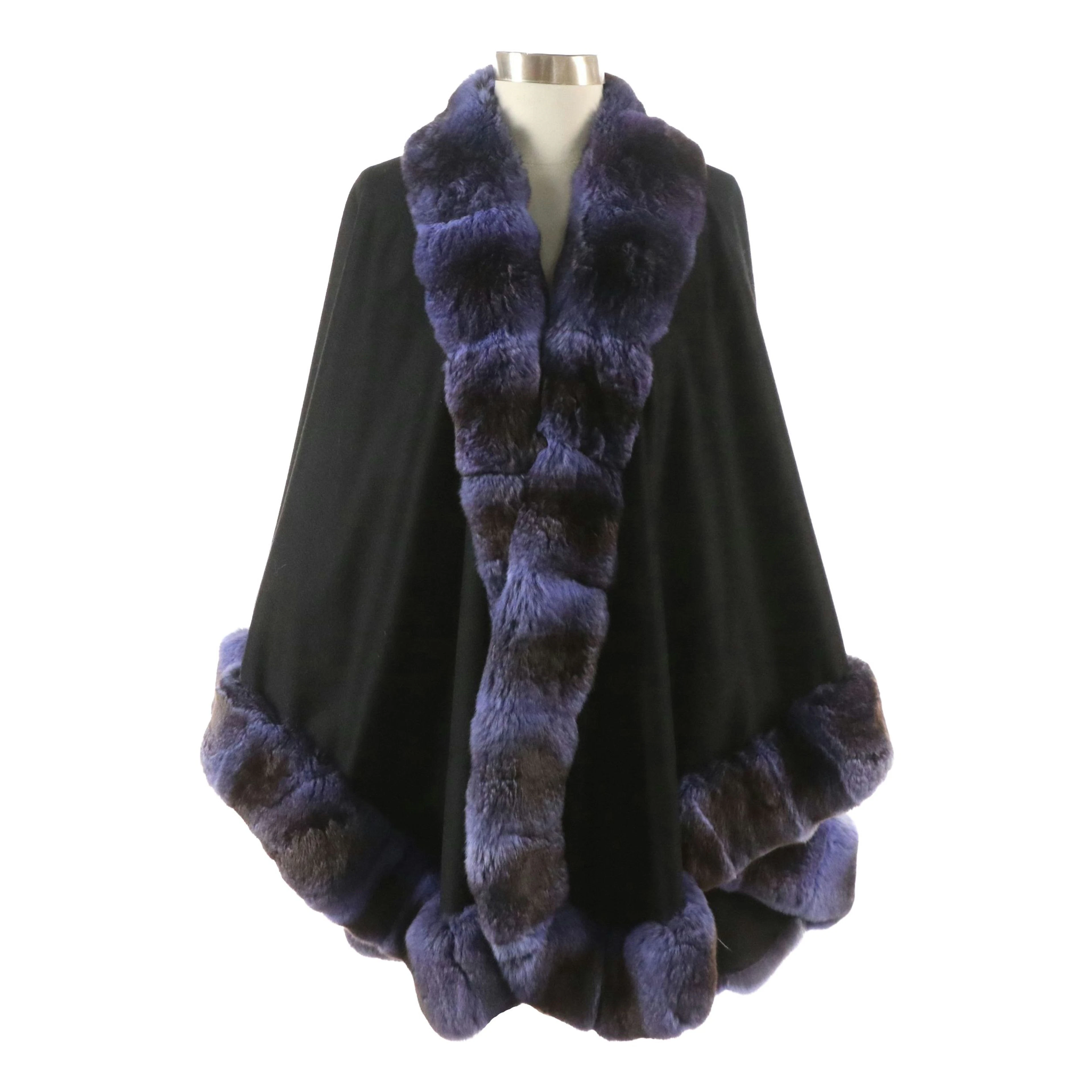 Cashmere Cape Shawl with Dyed Purple Chinchilla Fur Trim