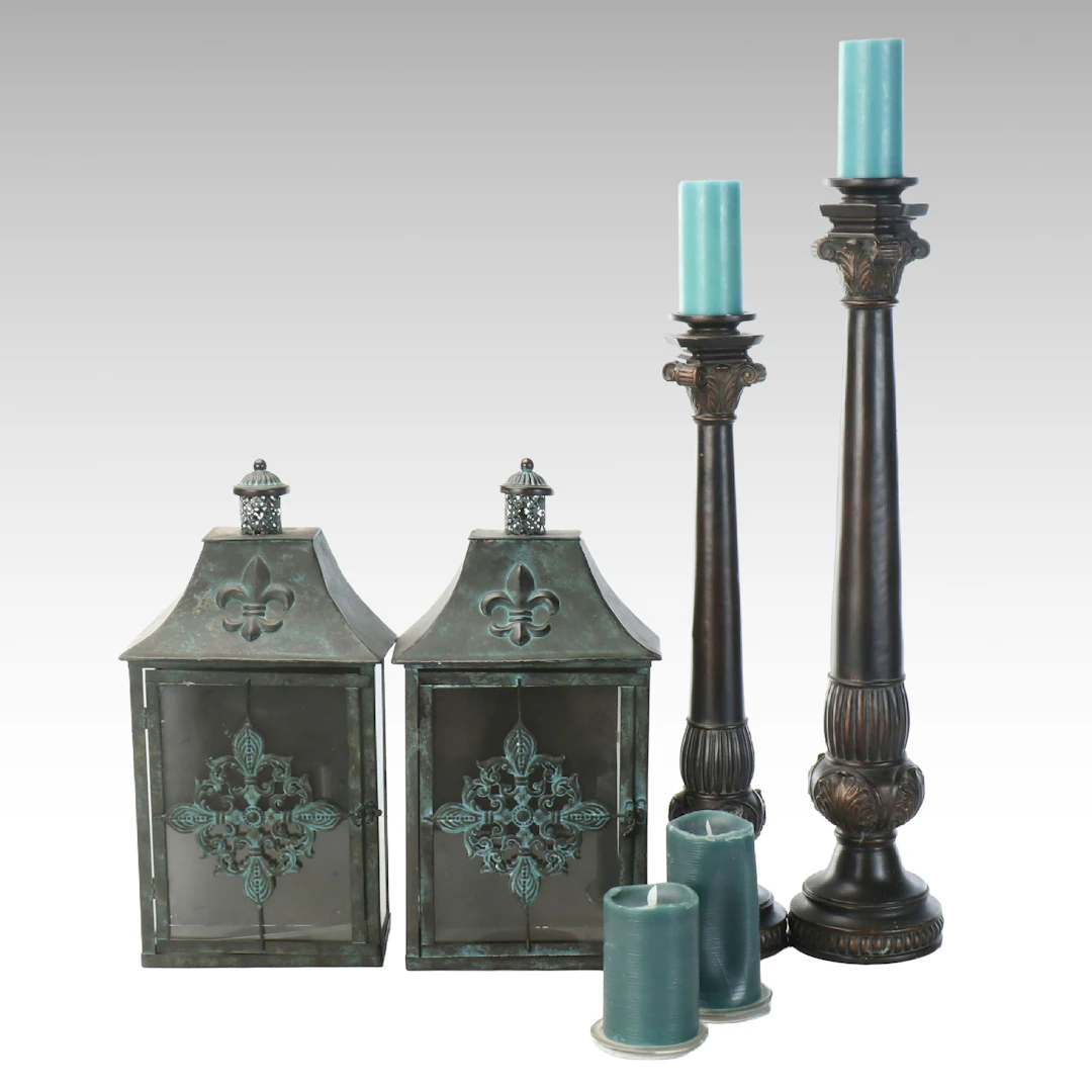 French Country Style Pillar Candle Holders, Lanterns and Candles