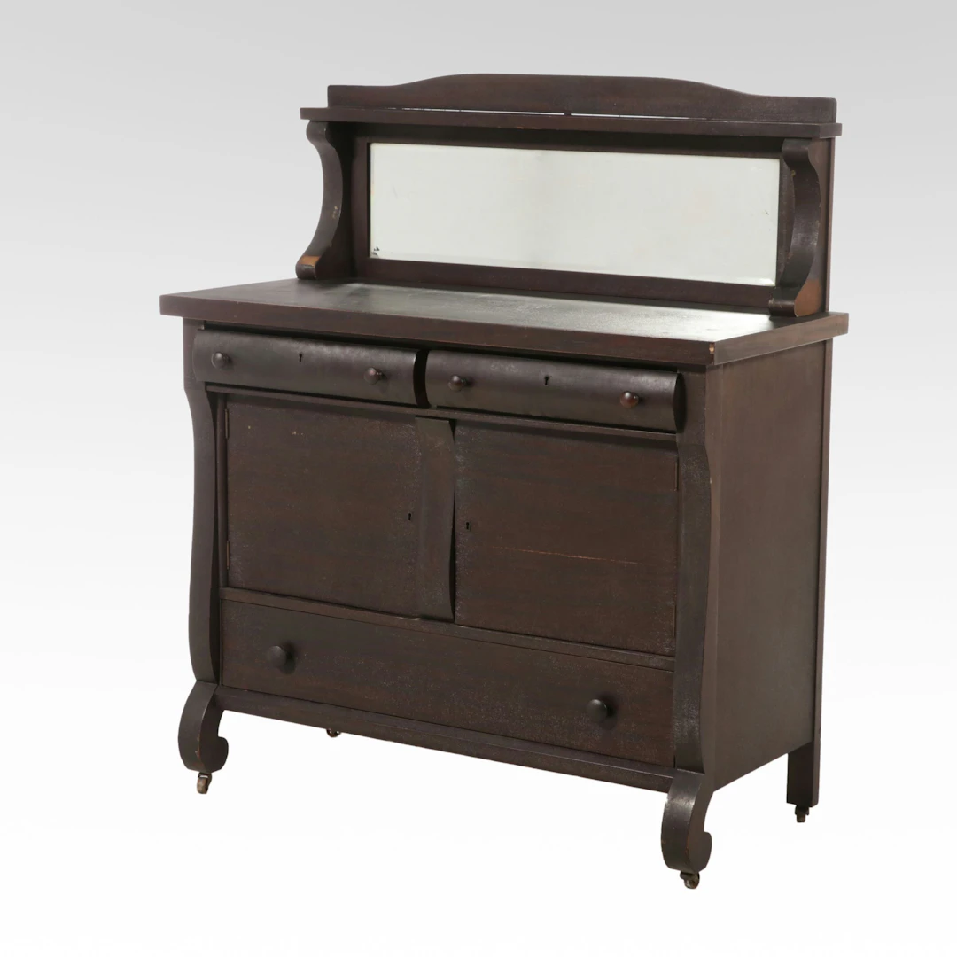 American Empire Style Walnut Mirrored Back Server Buffet, Late 19th Century