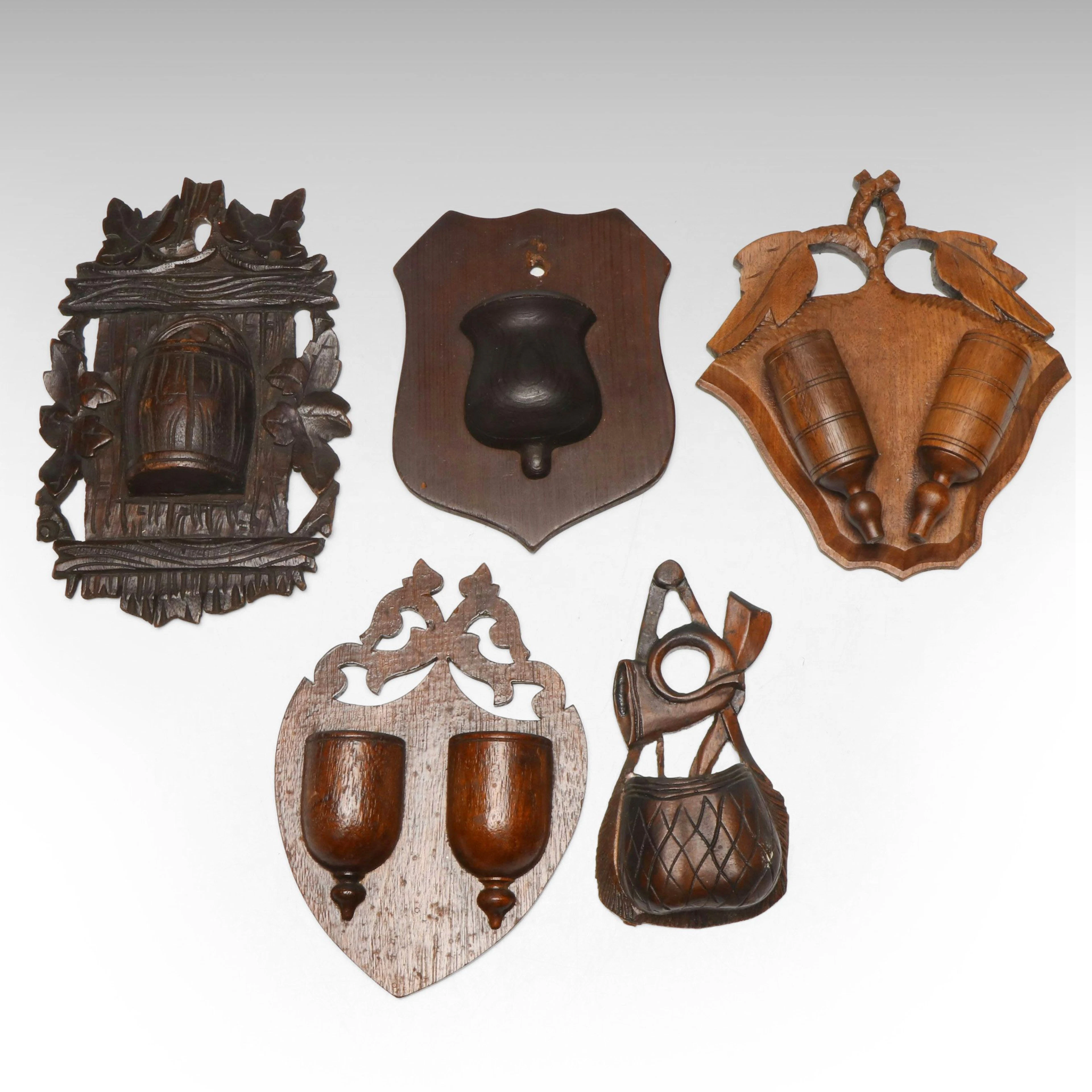Black Forest Style Carved Wood Wall Pockets, Late 19th/Early 20th C.