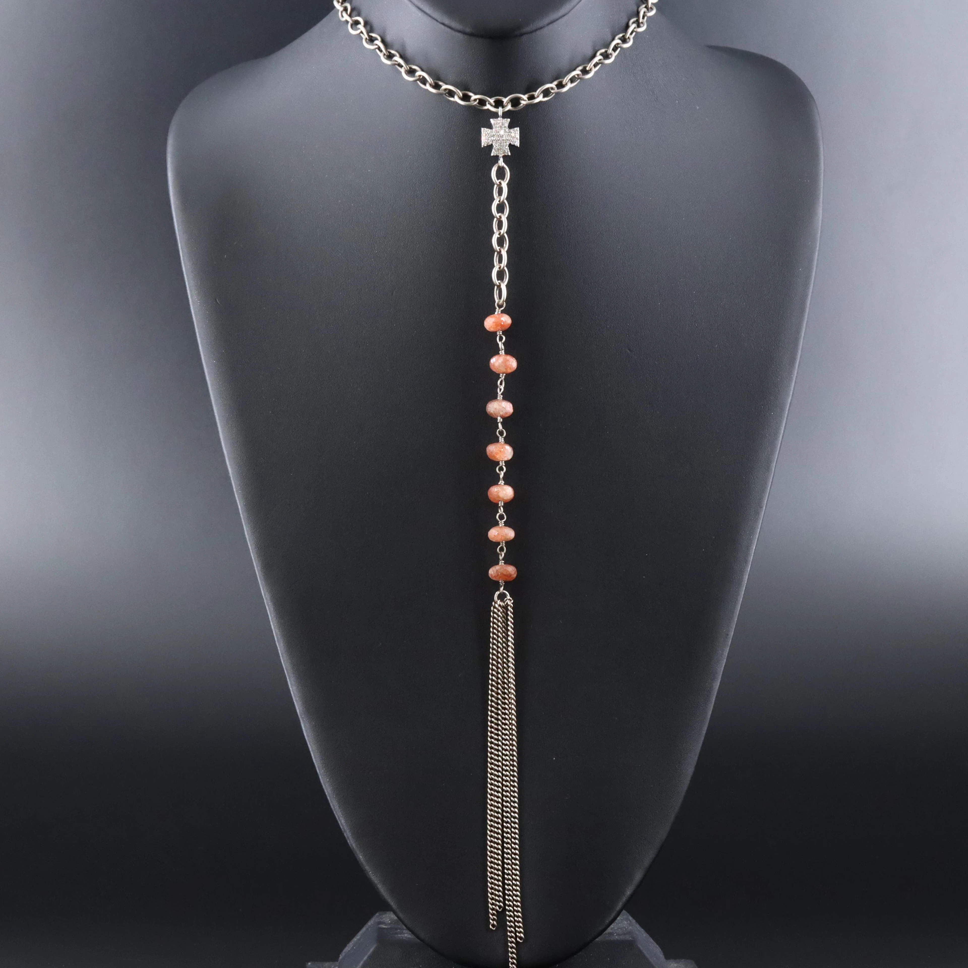 Sheryl Lowe Sterling Sunstone and Diamond Cross Tassel Necklace