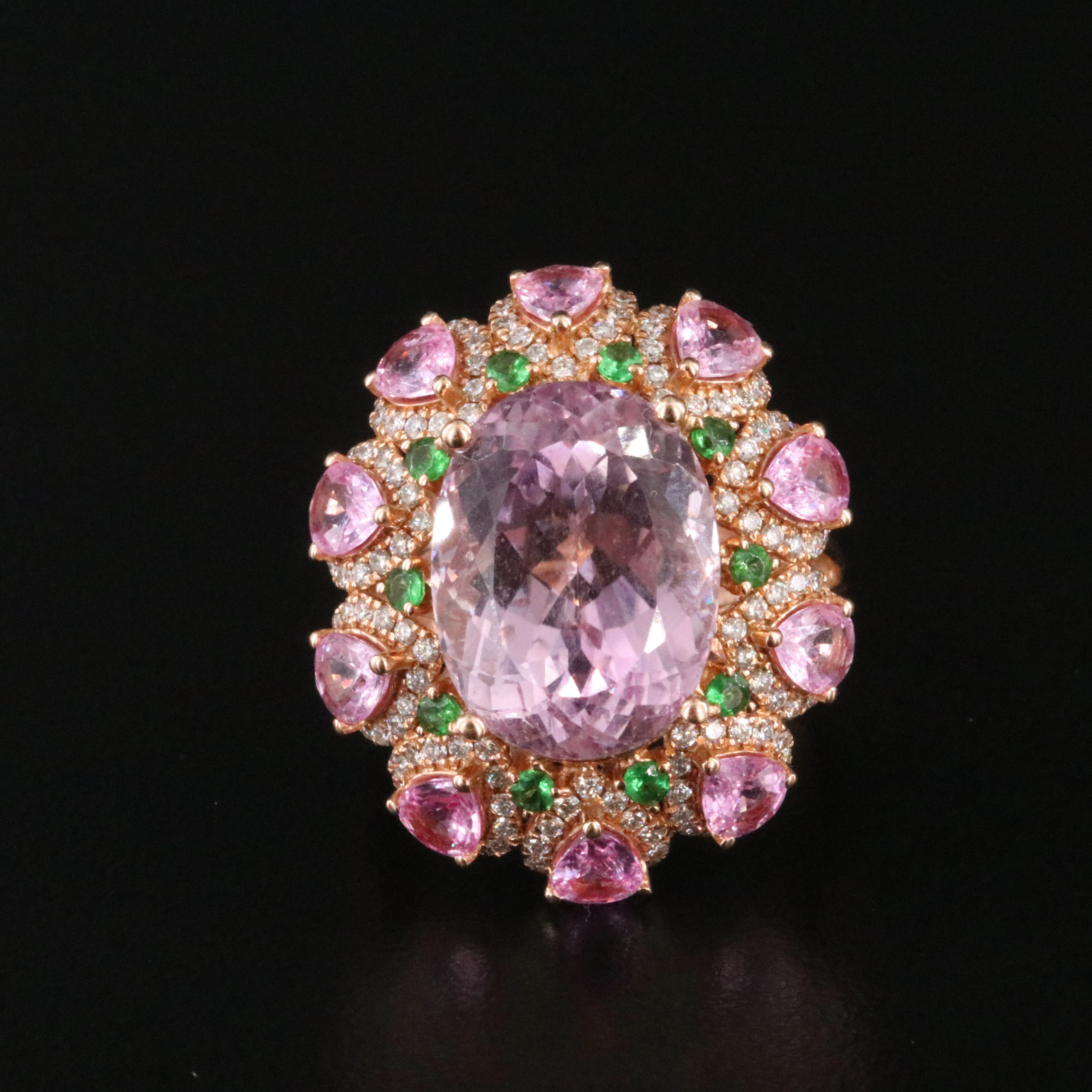 18K Rose Gold 11.93 CT Kunzite, Pink Sapphire, Tsavorite and Diamond Ring