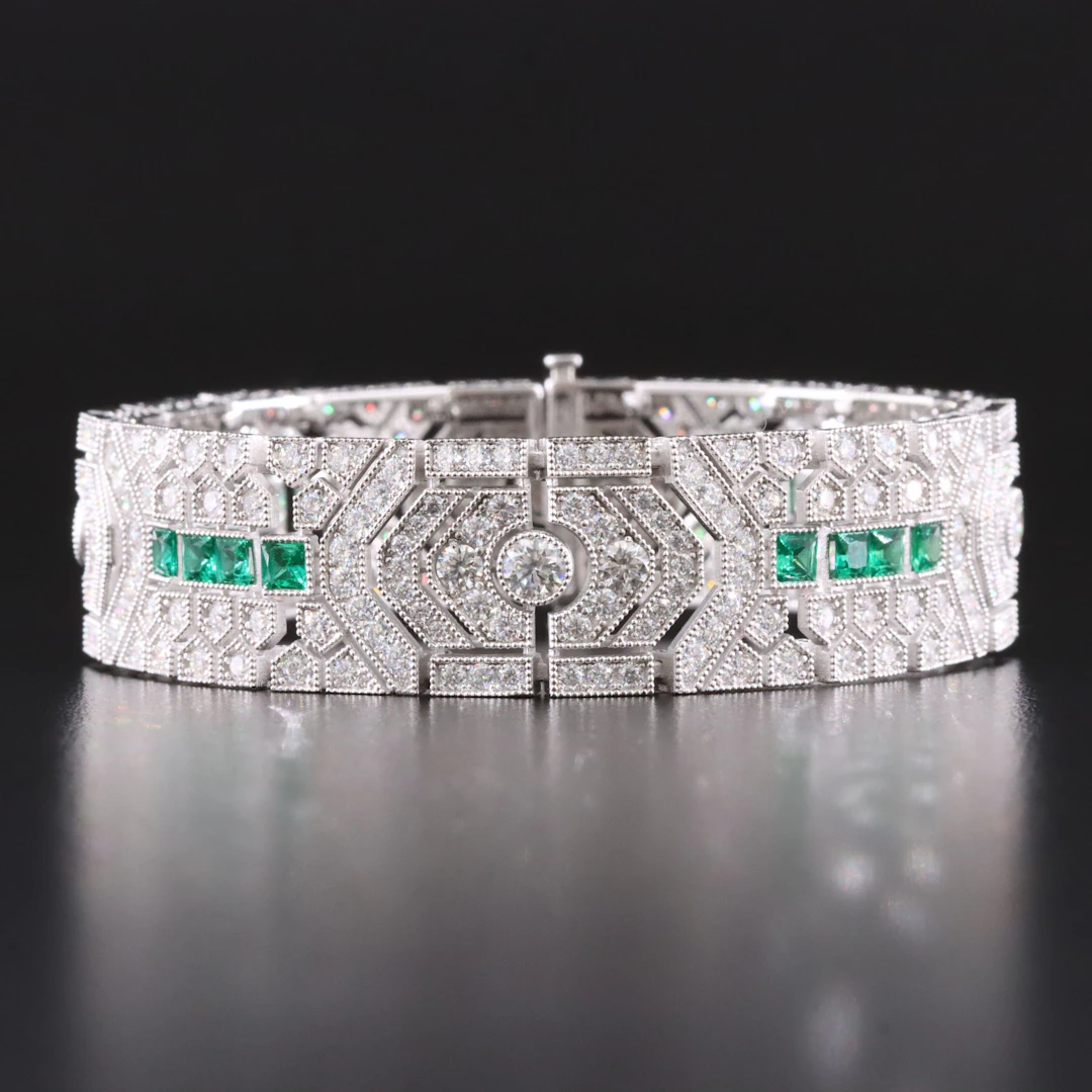 Art Deco Style Sterling Moissanite and Emerald Bracelet