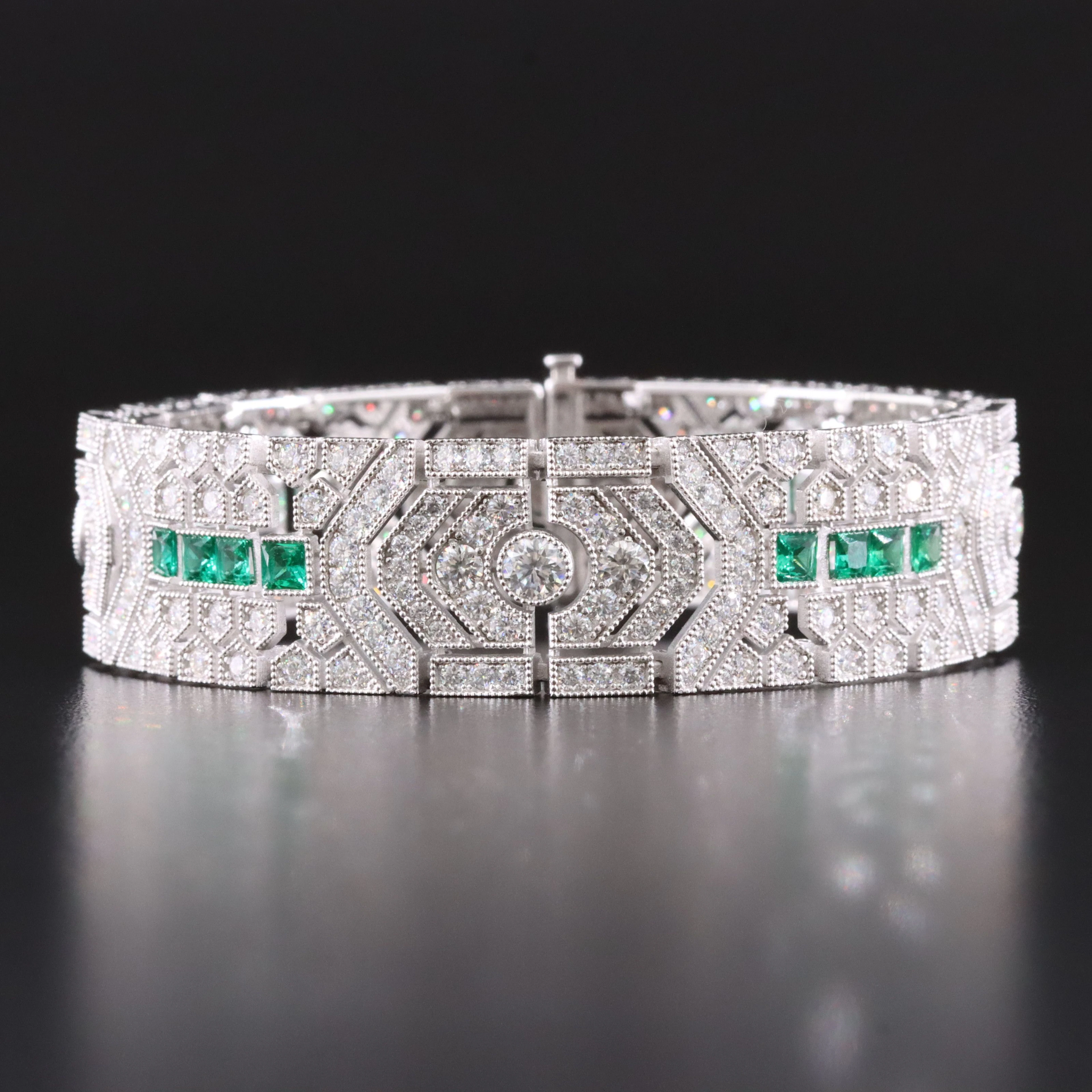 Art Deco Style Sterling Moissanite and Emerald Bracelet