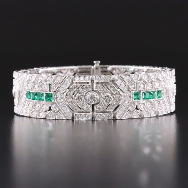 Art Deco Style Sterling Moissanite and Emerald Bracelet