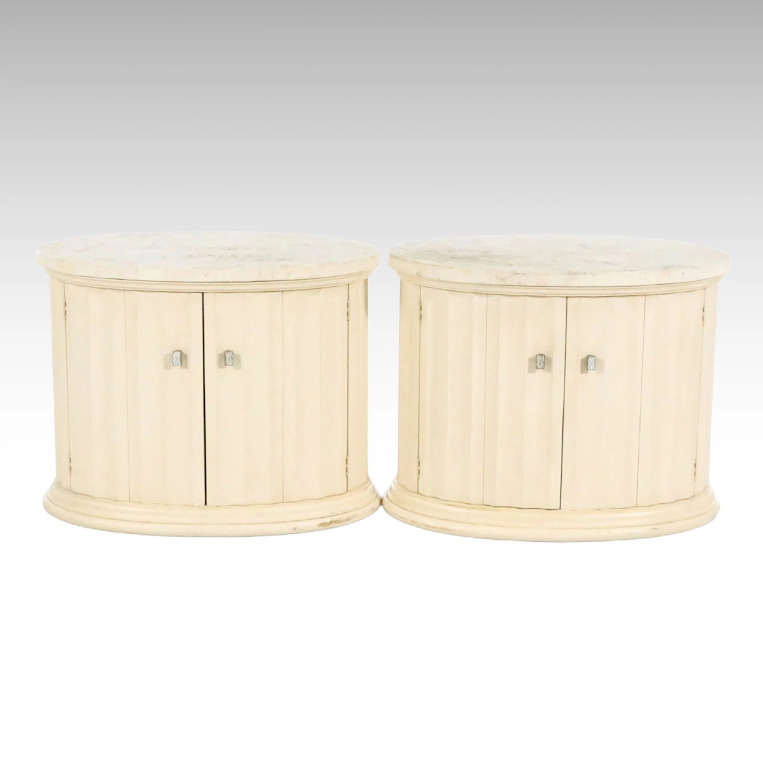 Pair of Cream Painted Oval Cabinet Side Tables, Late 20th Century