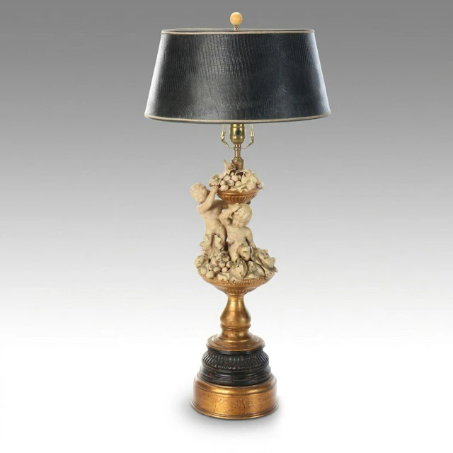 Hollywood Regency Style Putti Plaster Table Lamp with Textured Black Shade