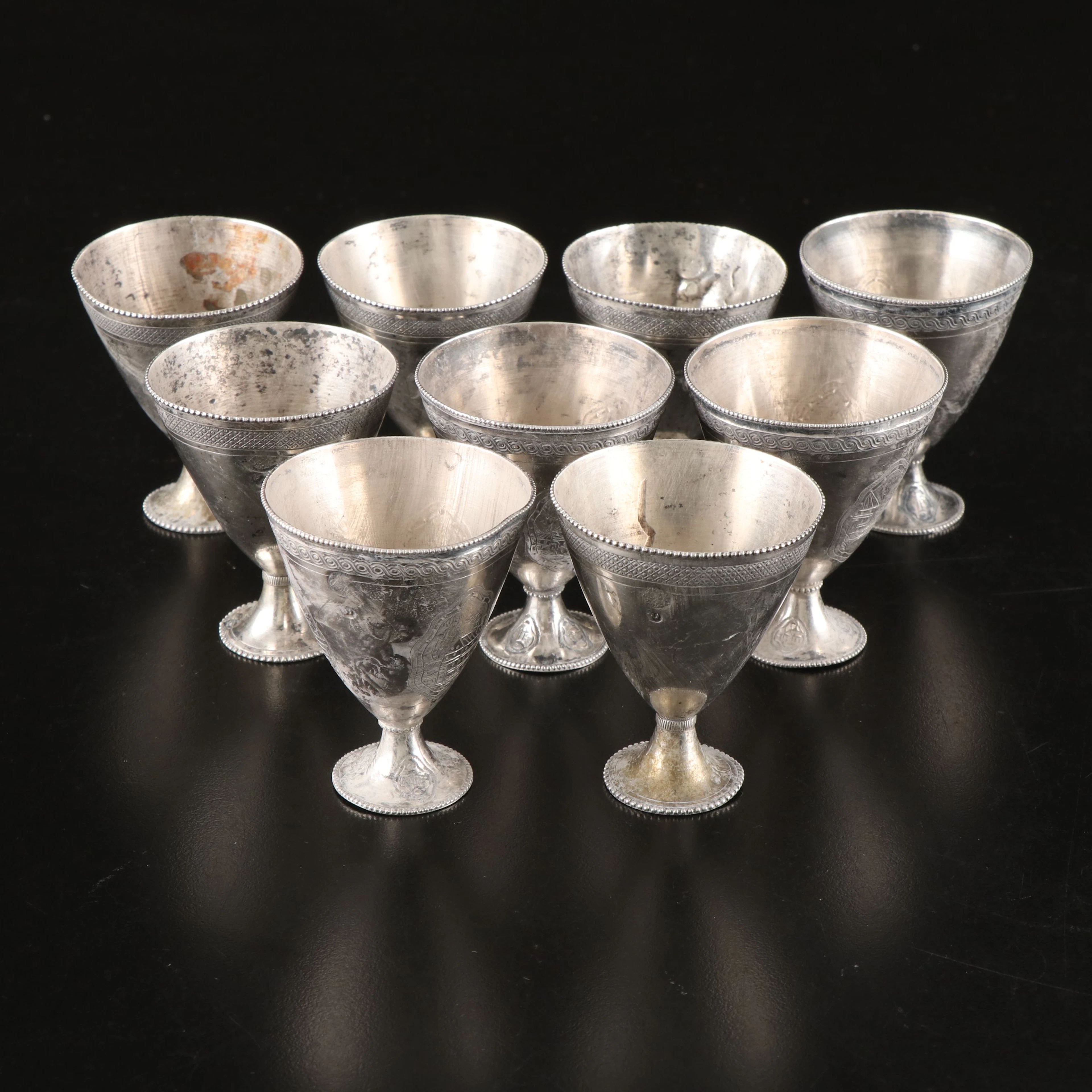 Iranian Ornate Etched 800 Silver Zarfs, Mid to Late 20th Century