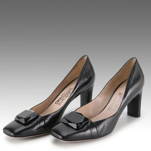 Salvatore Ferragamo Square Toe Pumps with Geometric Gem Details