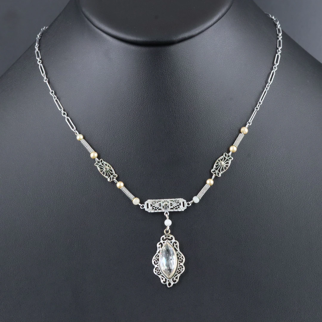 Art Deco Necklace Including Faux Pearl, Glass and Marcasite