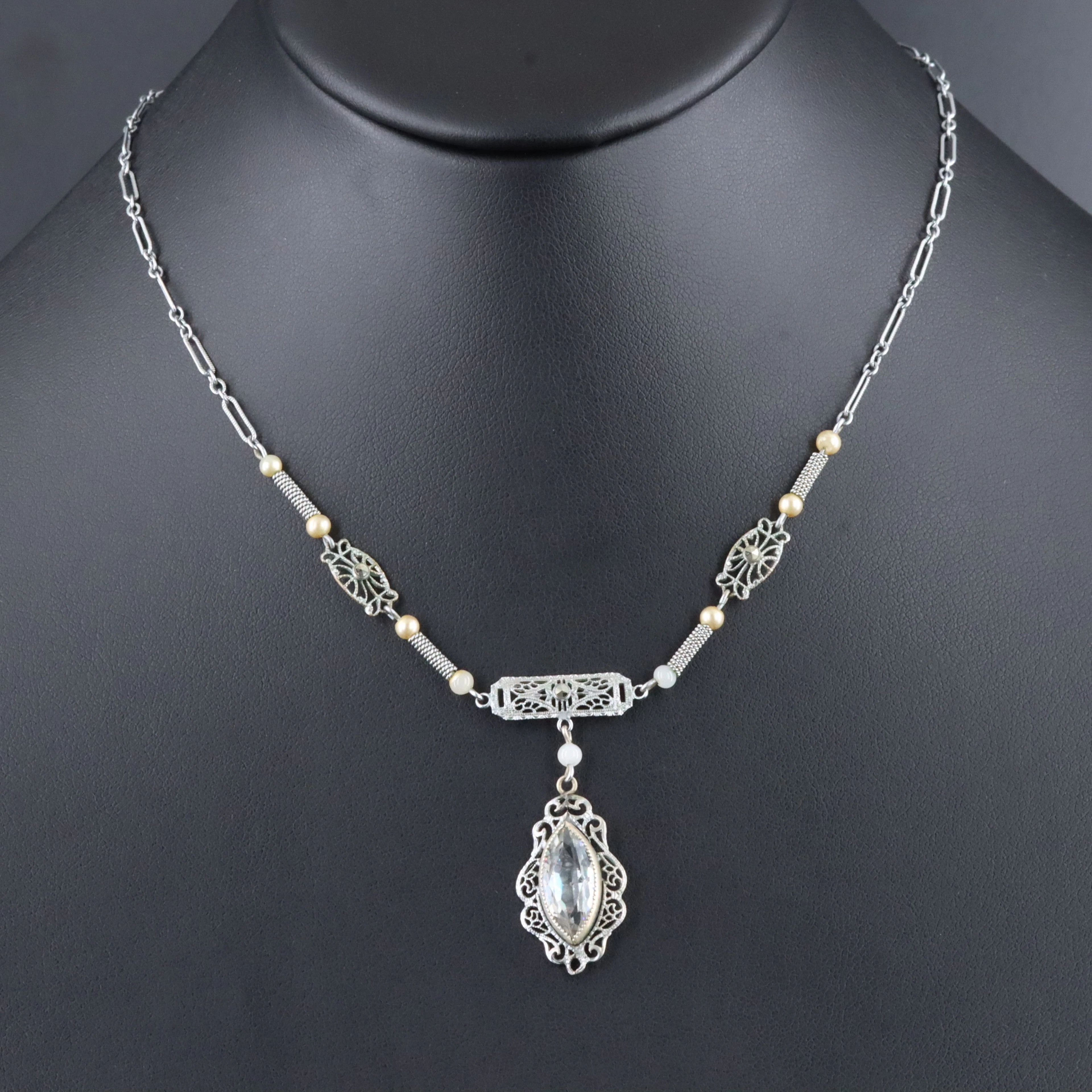 Art Deco Necklace Including Faux Pearl, Glass and Marcasite