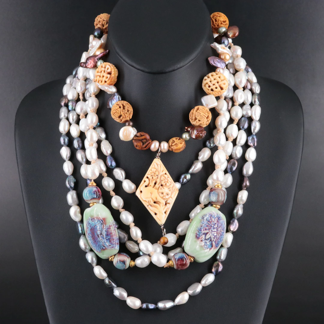 Necklace Collection Featuring Sterling, Bone, Pearl, and Glass