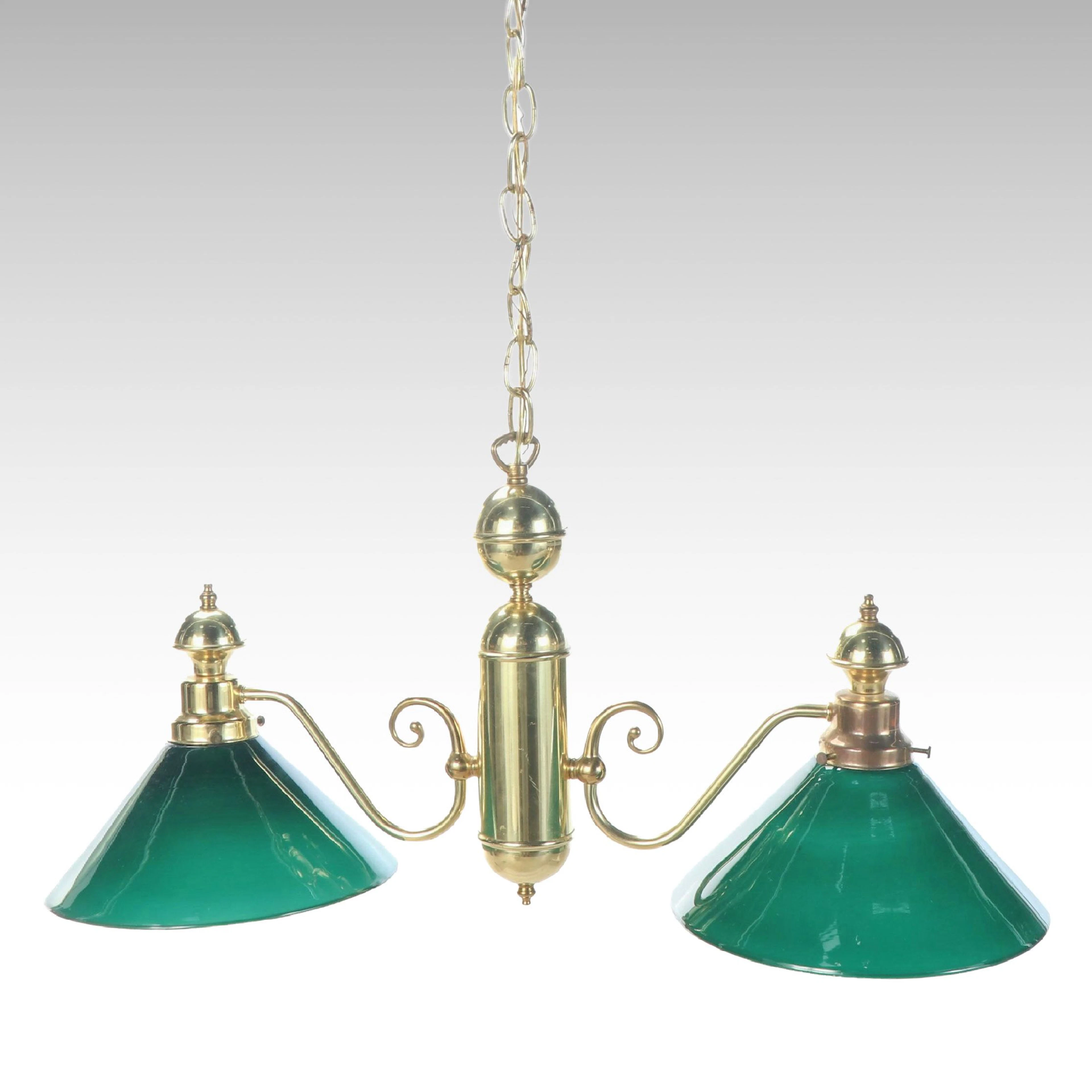 Victorian Style Brass Double Arm Pendant Lamp with Cased Green Shades