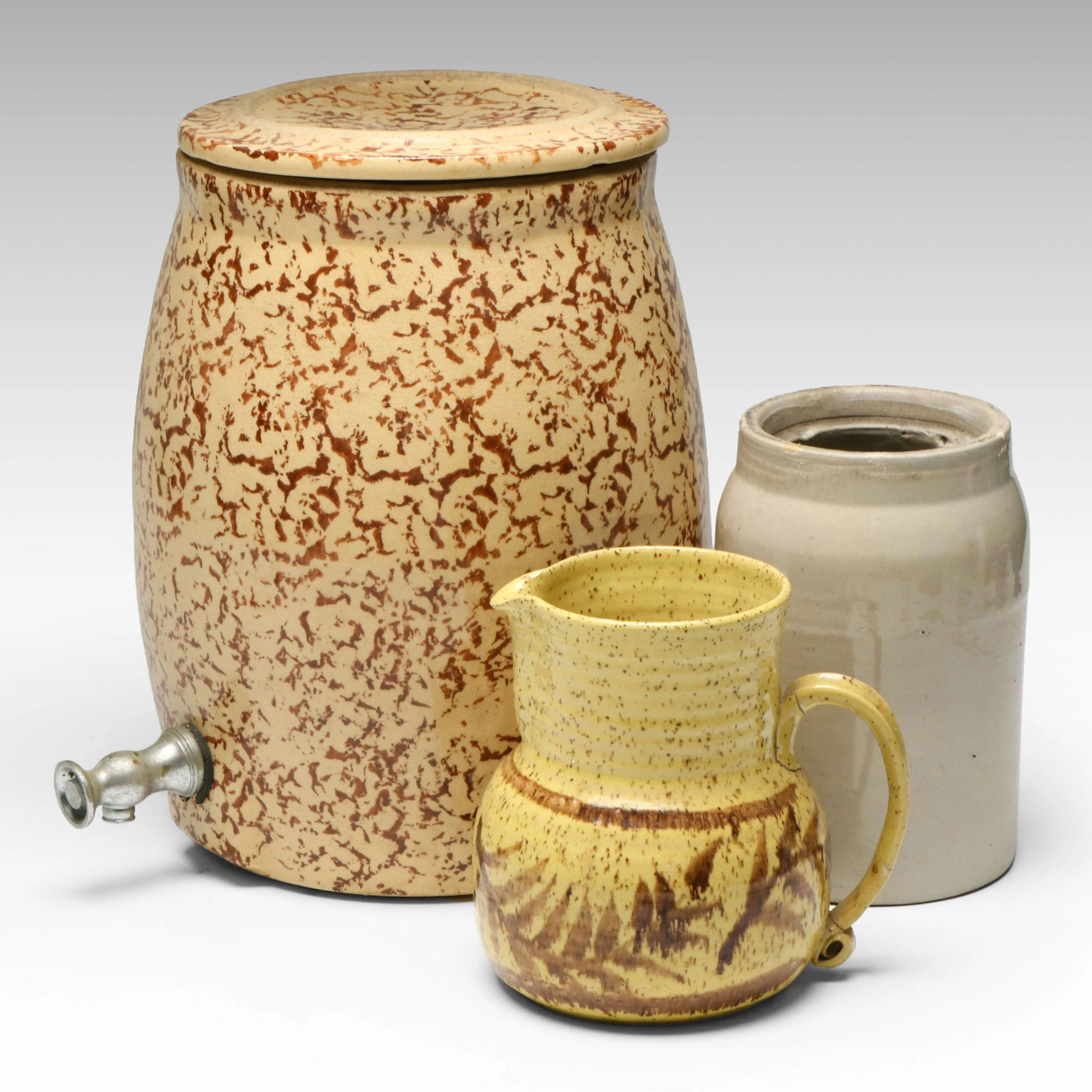 Ceramic Spongeware Water Cooler with Other Pitcher and Crock