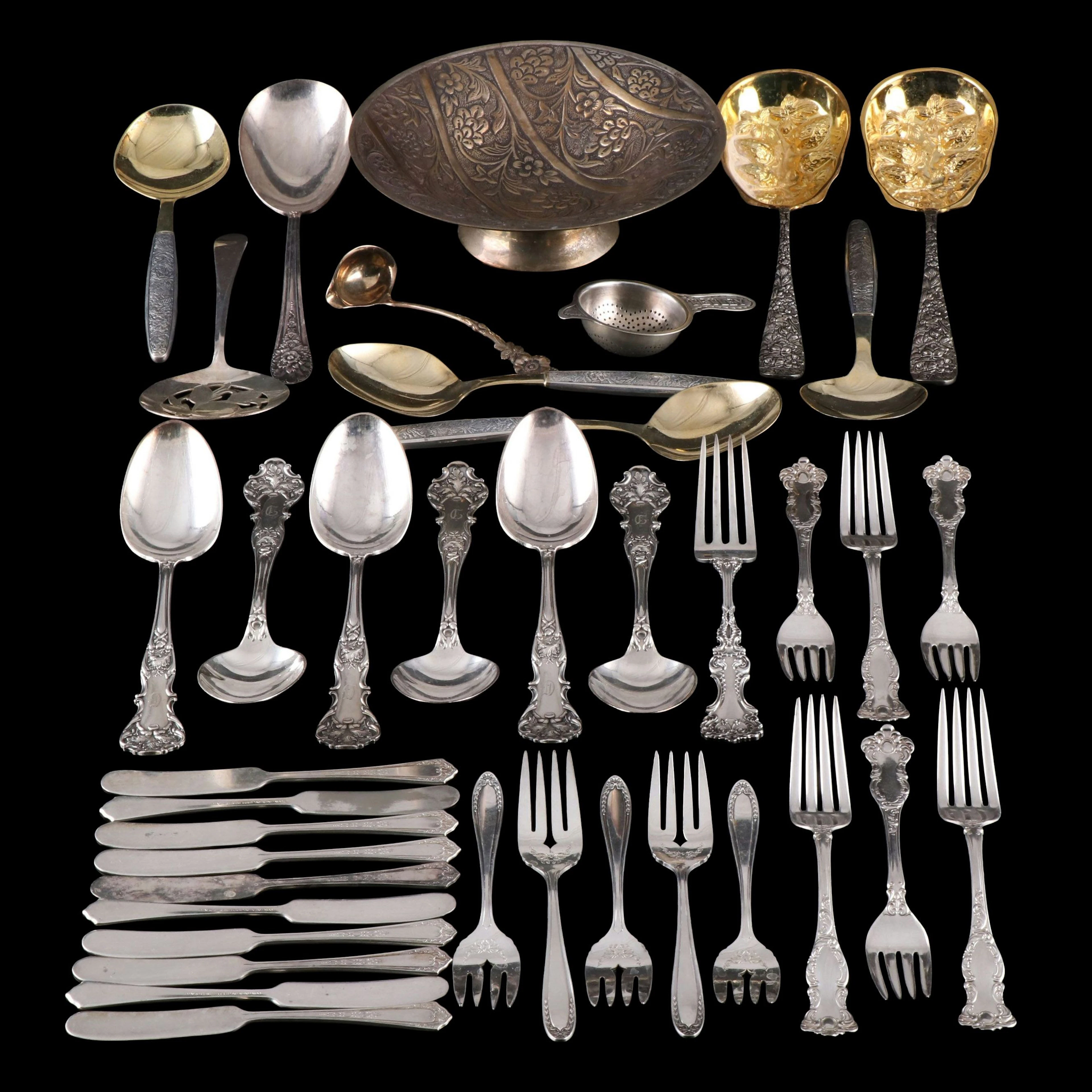 Russian Gold Wash 900 Silver Serving Spoons with More Flatware