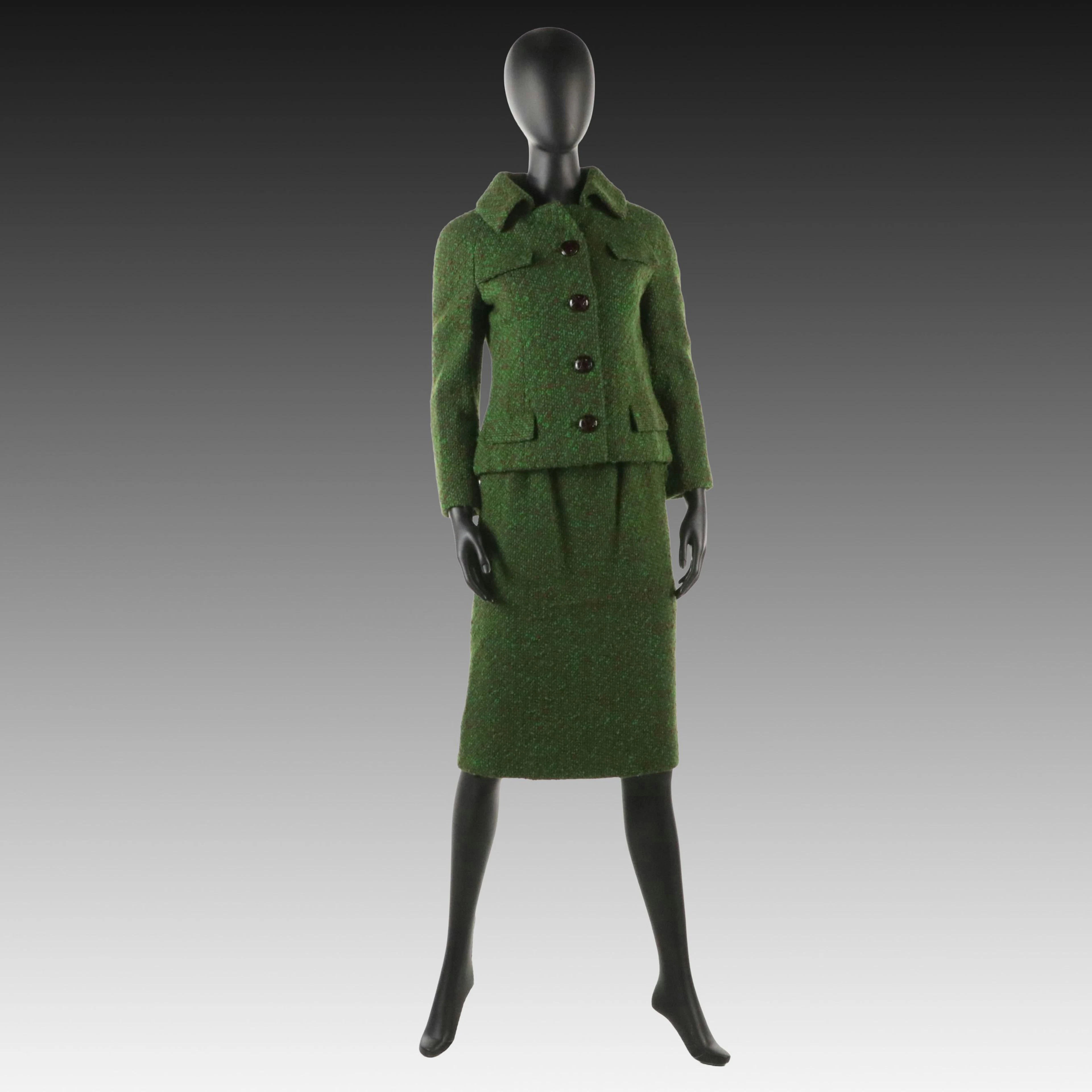 Elizabeth Arden Vintage Green and Brown Wool Tweed Skirt Suit