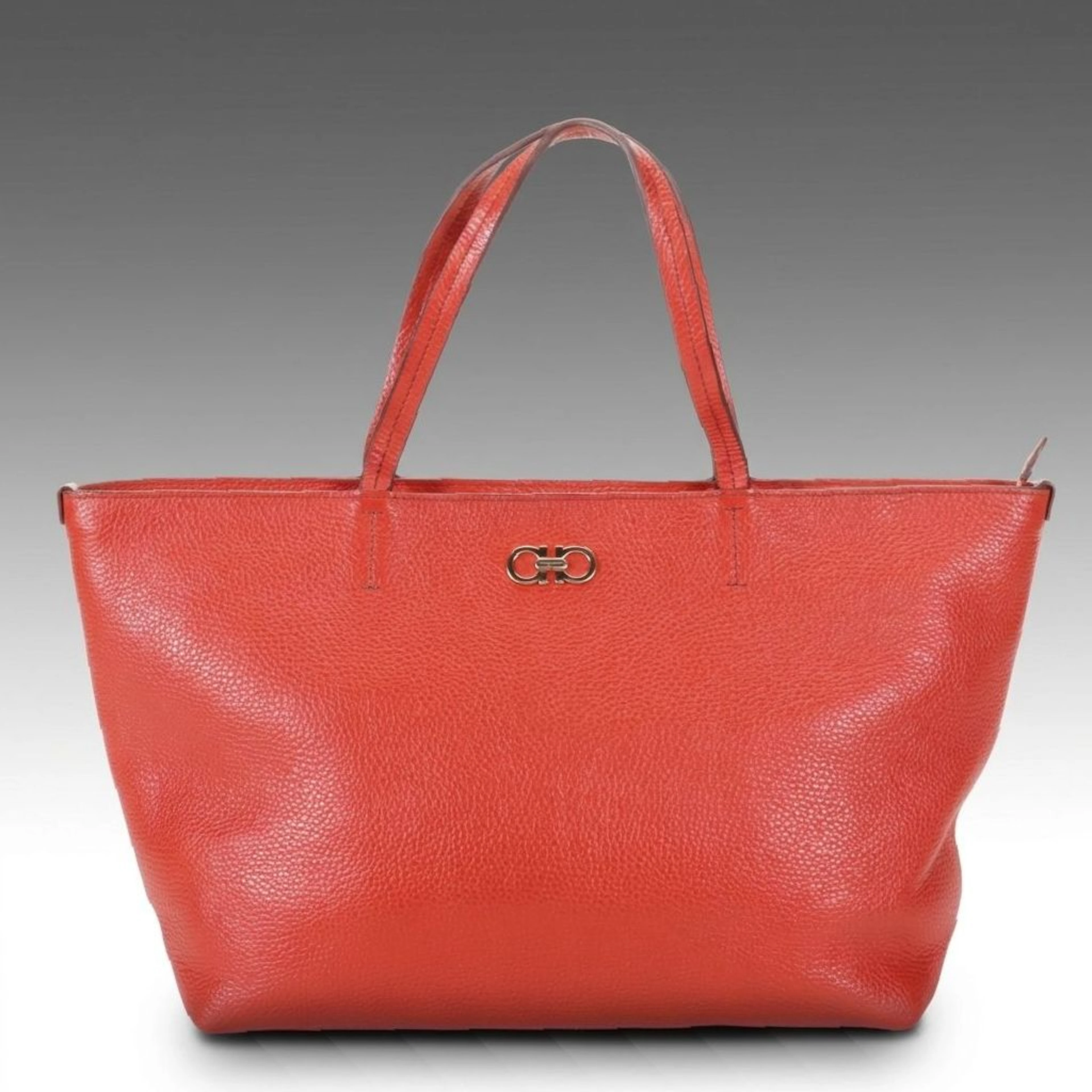 Salvatore Ferragamo Gancini Shoulder Tote in Red Grained Calfskin Leather