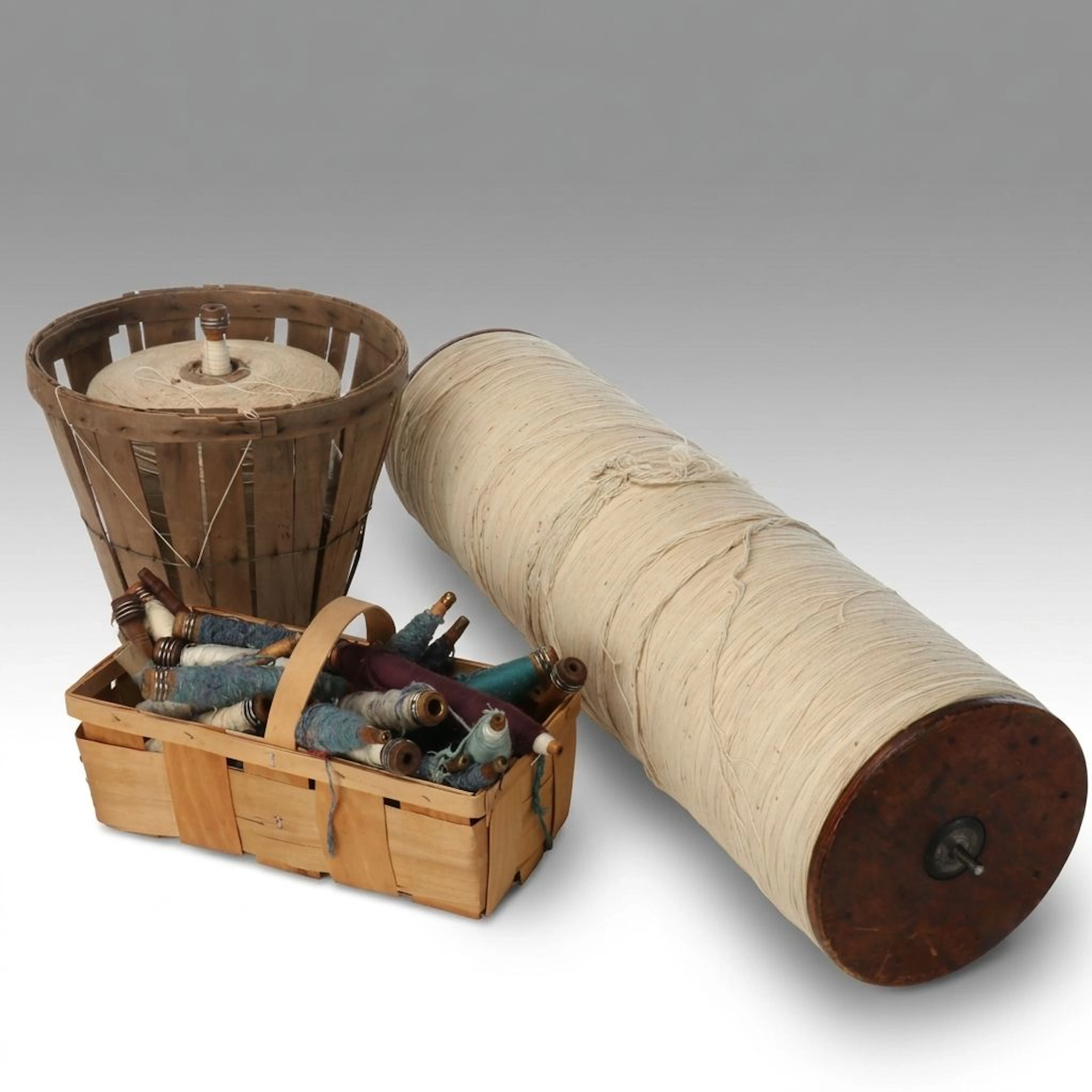 Primitive Wood Baskets with Spools of Thread and Yarn