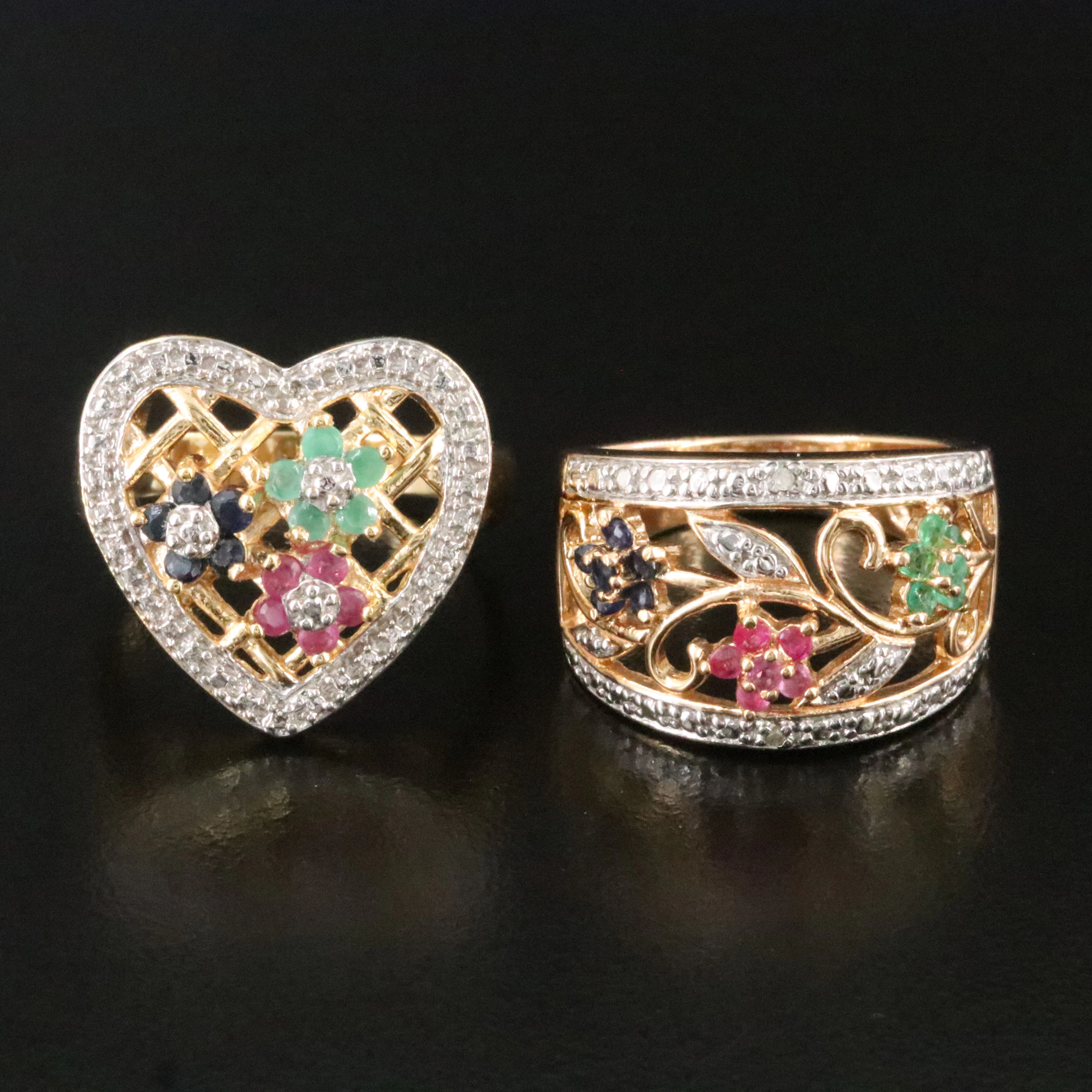 Sterling Gemstone Rosette Rings in Two-Tone