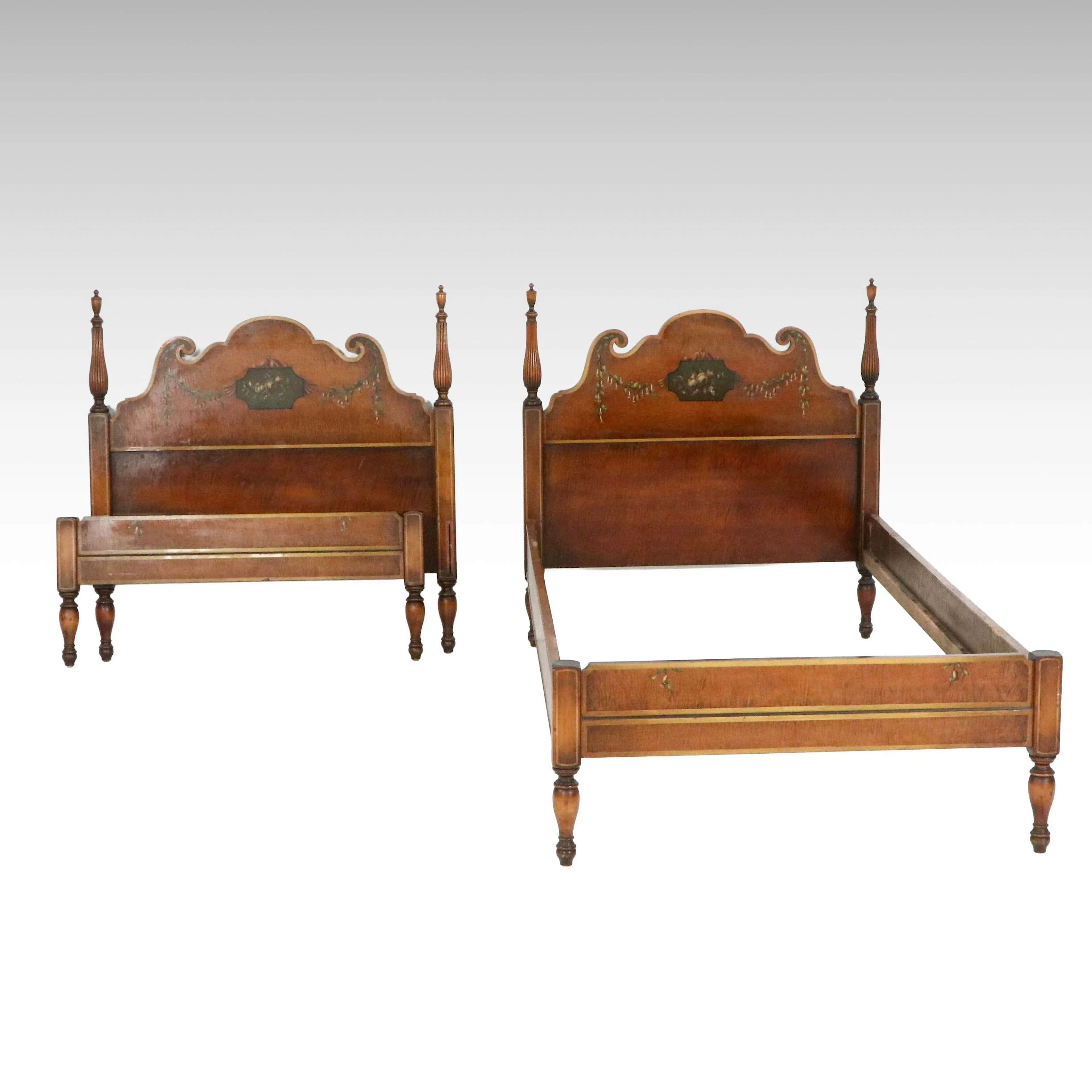 Pair of Johnson Furniture Co. Sheraton Style Hand-Painted Maple Twin Beds