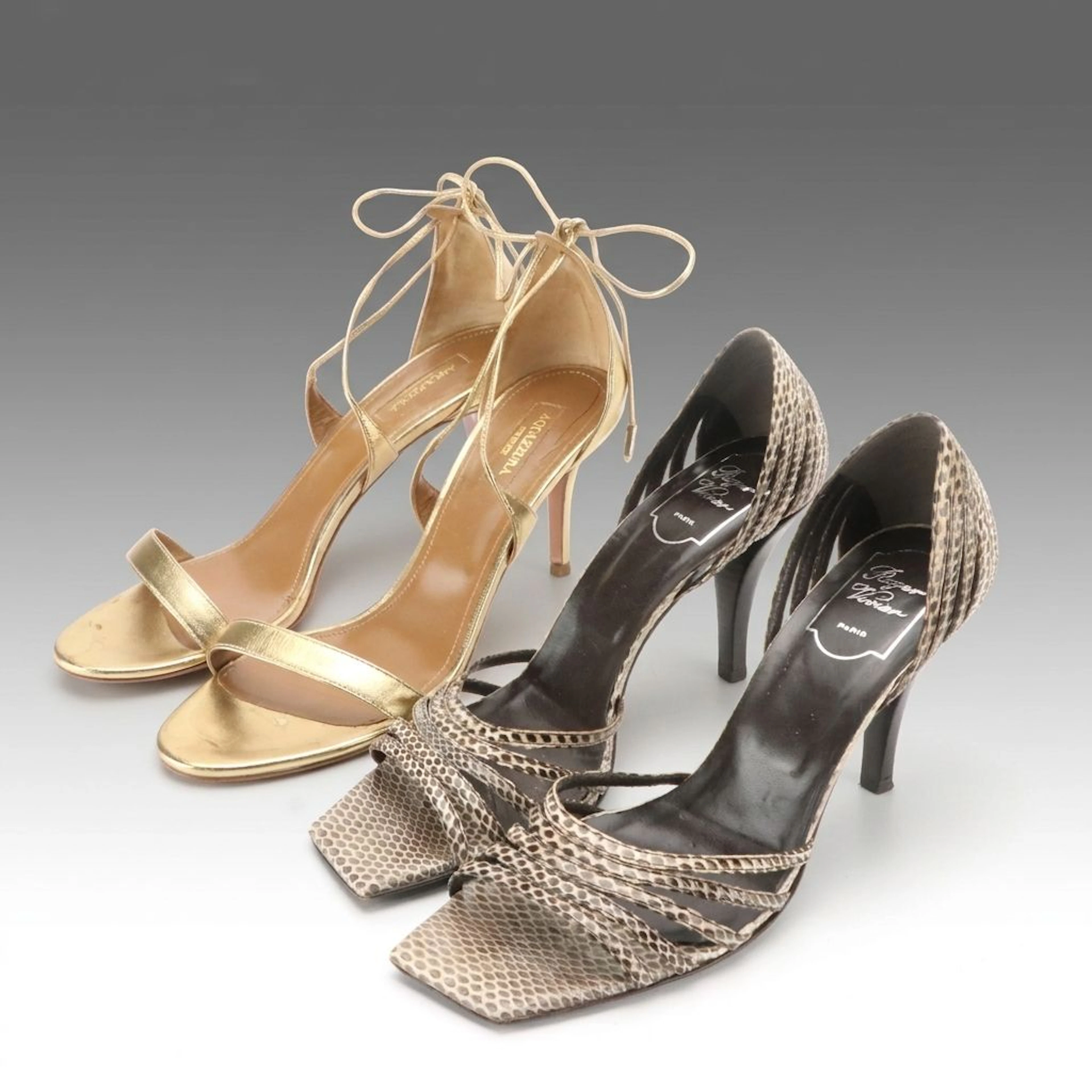 Aquazzura Gold Metallic Leather Heeled Sandals with Roger Vivier Heeled Sandals