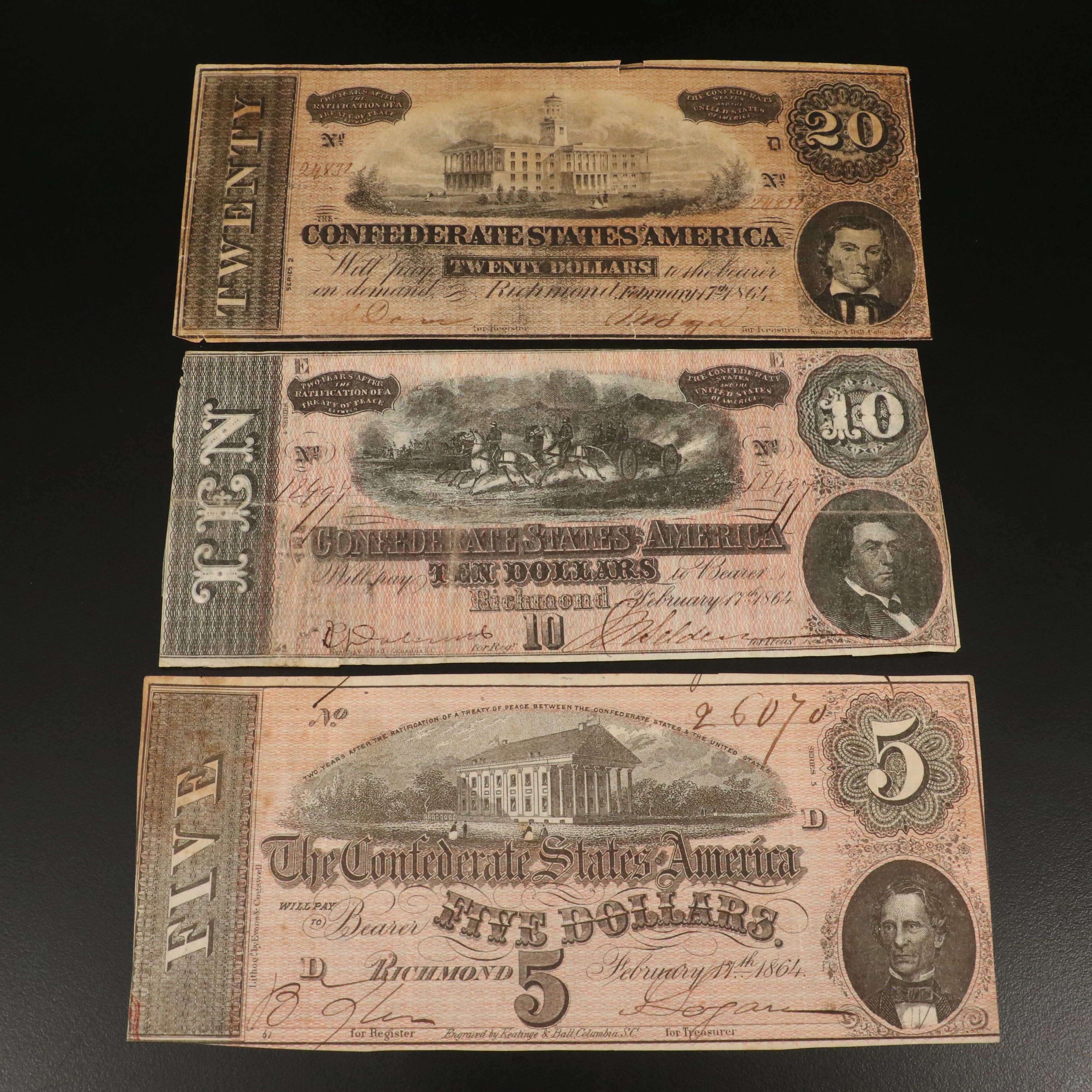 Three Different 1864 Confederate Currency Notes