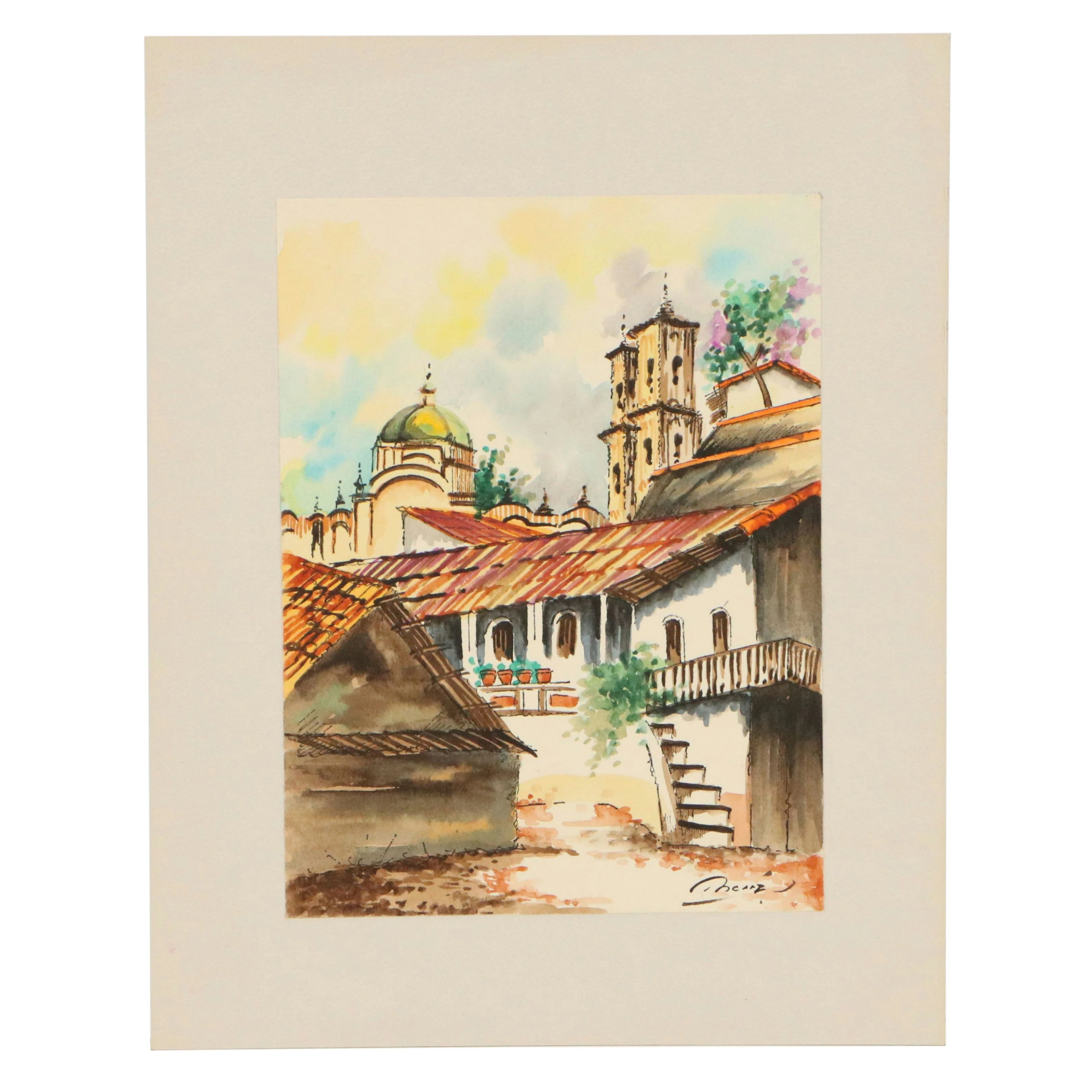 Watercolor Painting of Mexican Village Scene