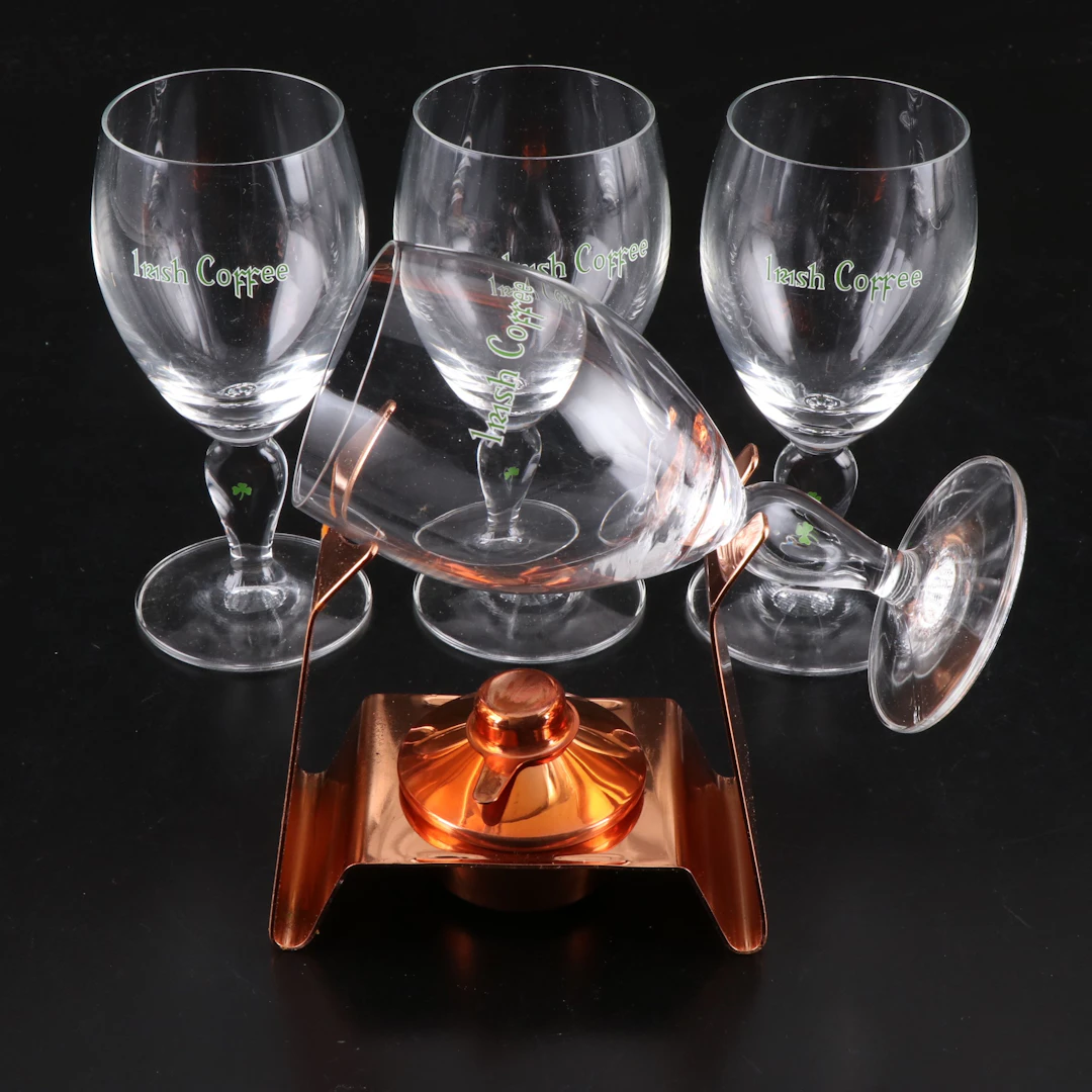 Spring Copper Warmer with Irish Coffee Glasses, Late 20th Century