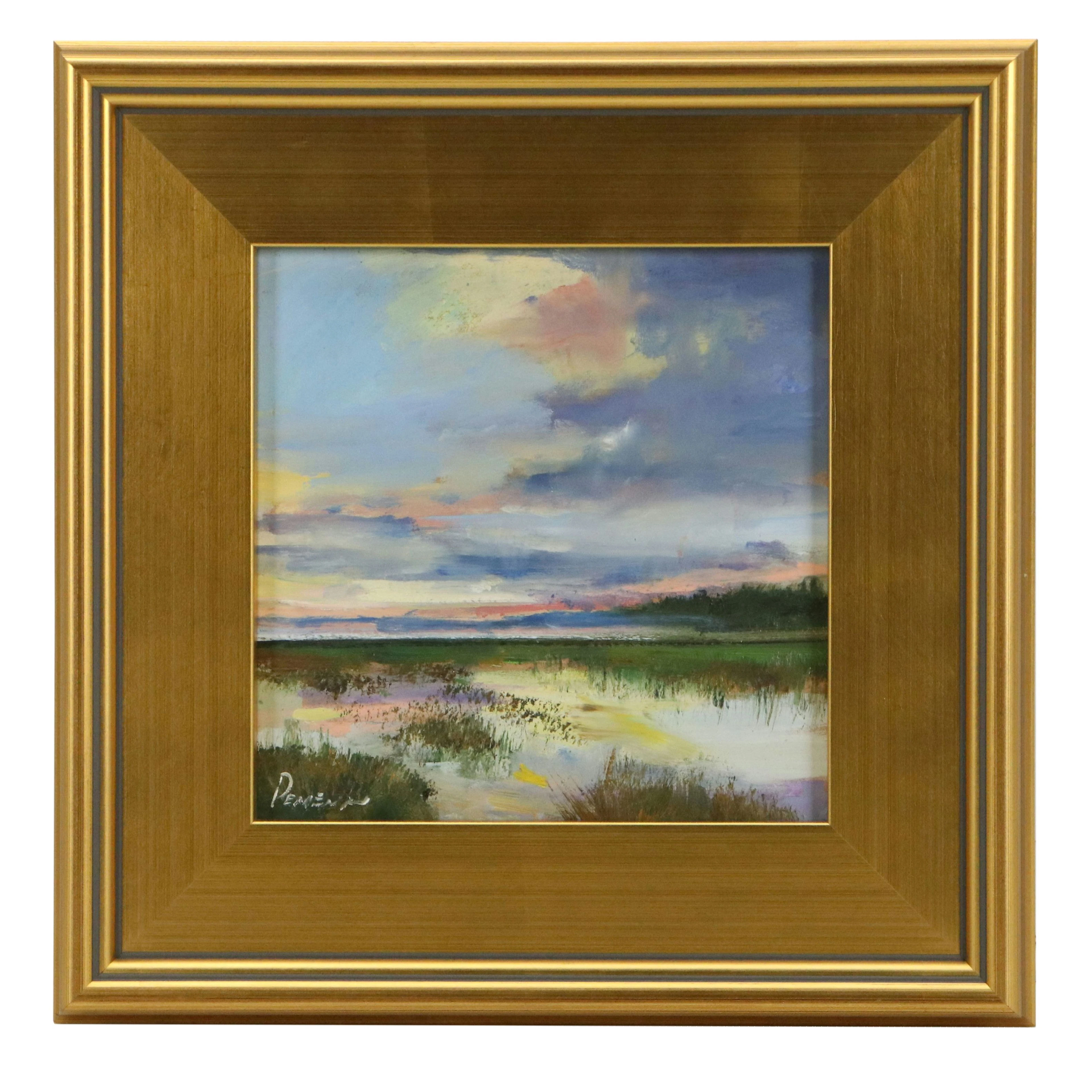 Natalia Demenko Landscape Oil Painting of Sunset Over Wetland