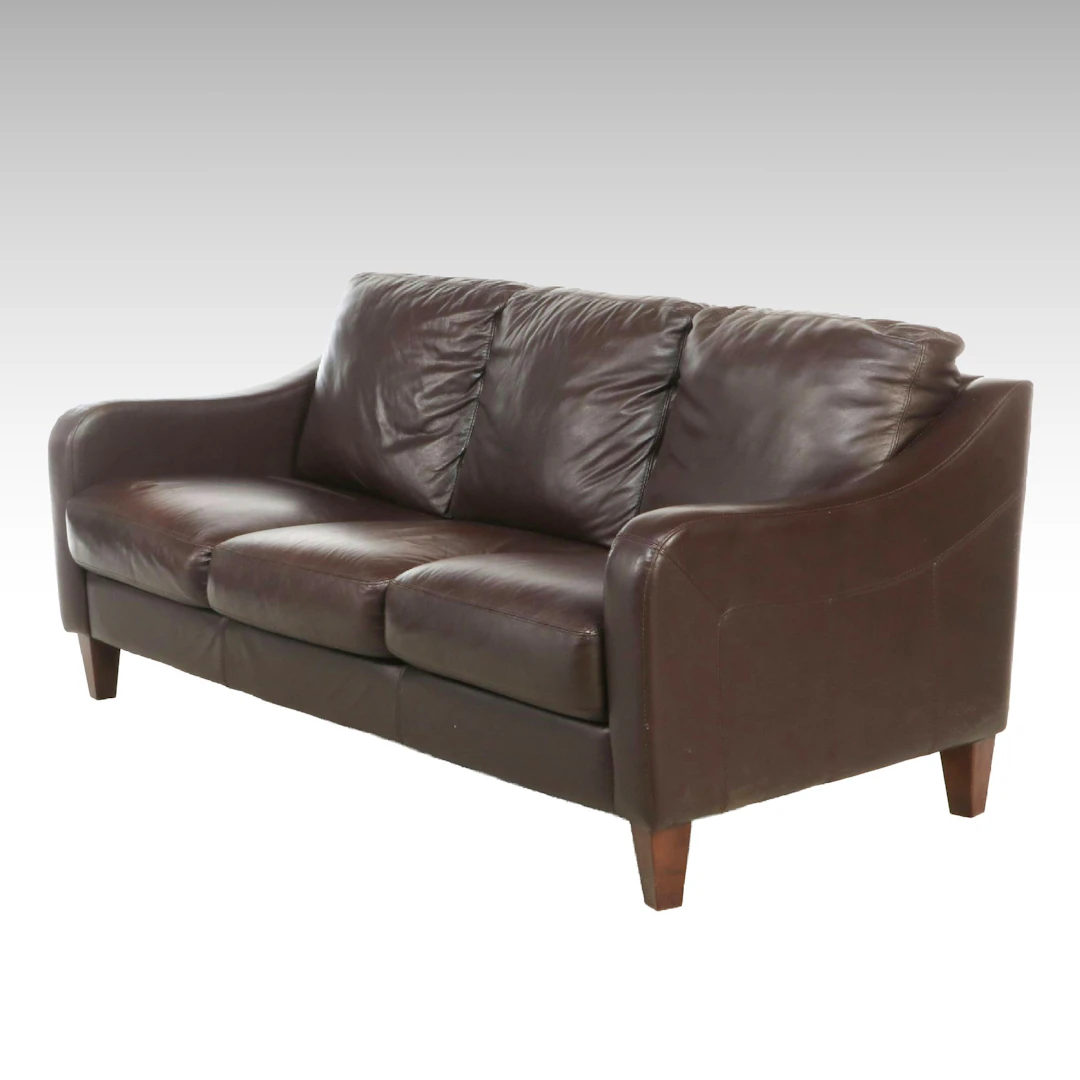 Chateau d'Ax Dark Brown Leather Three-Cushion Sofa, 21st Century
