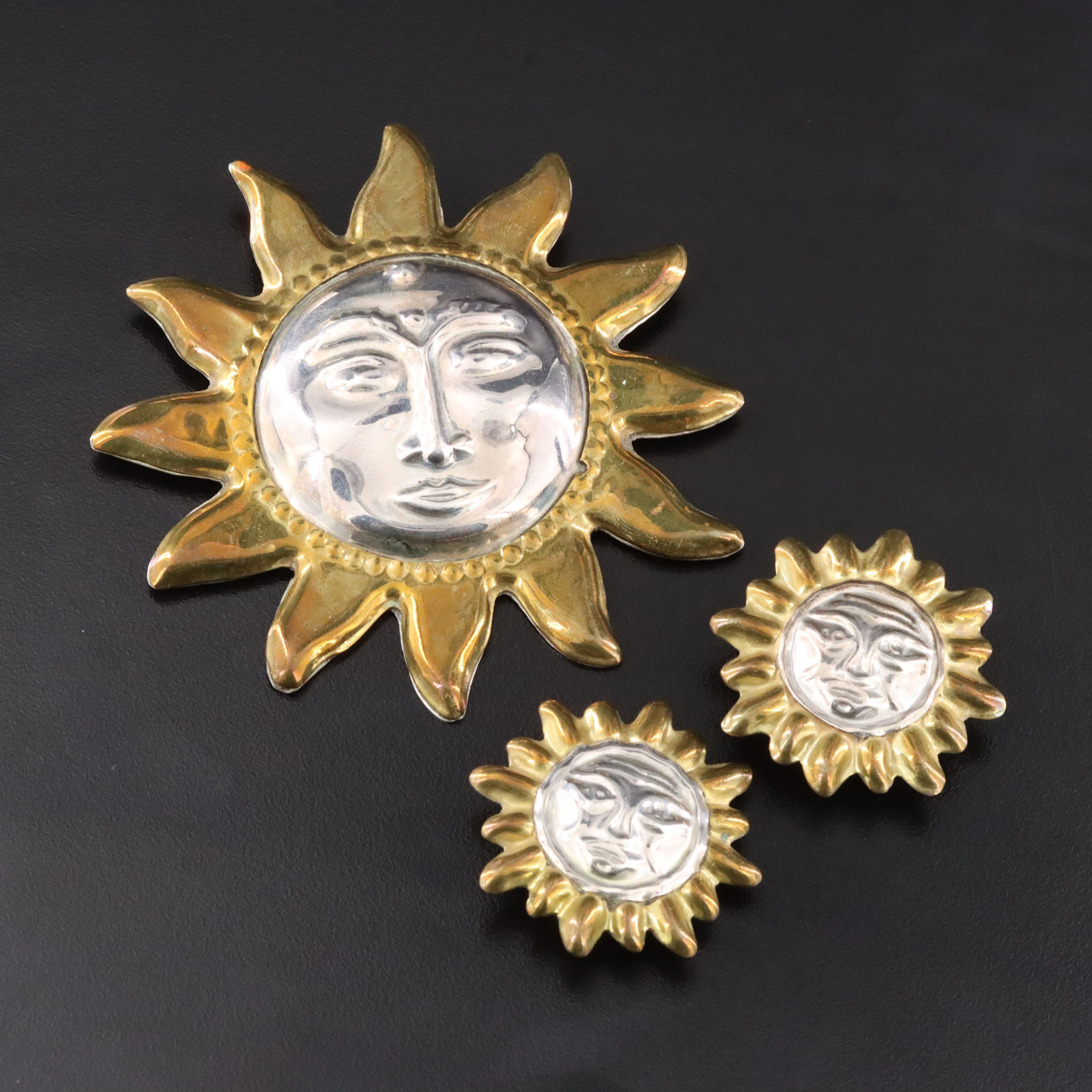 Mexican Sterling and Brass Sun Brooch and Earrings