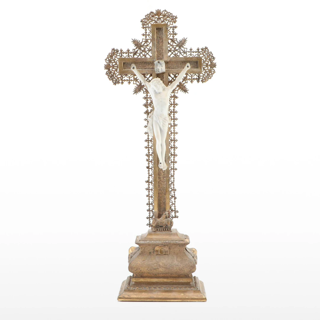 Giltwood and Spelter Crucifix with Porcelain Figure Of Christ