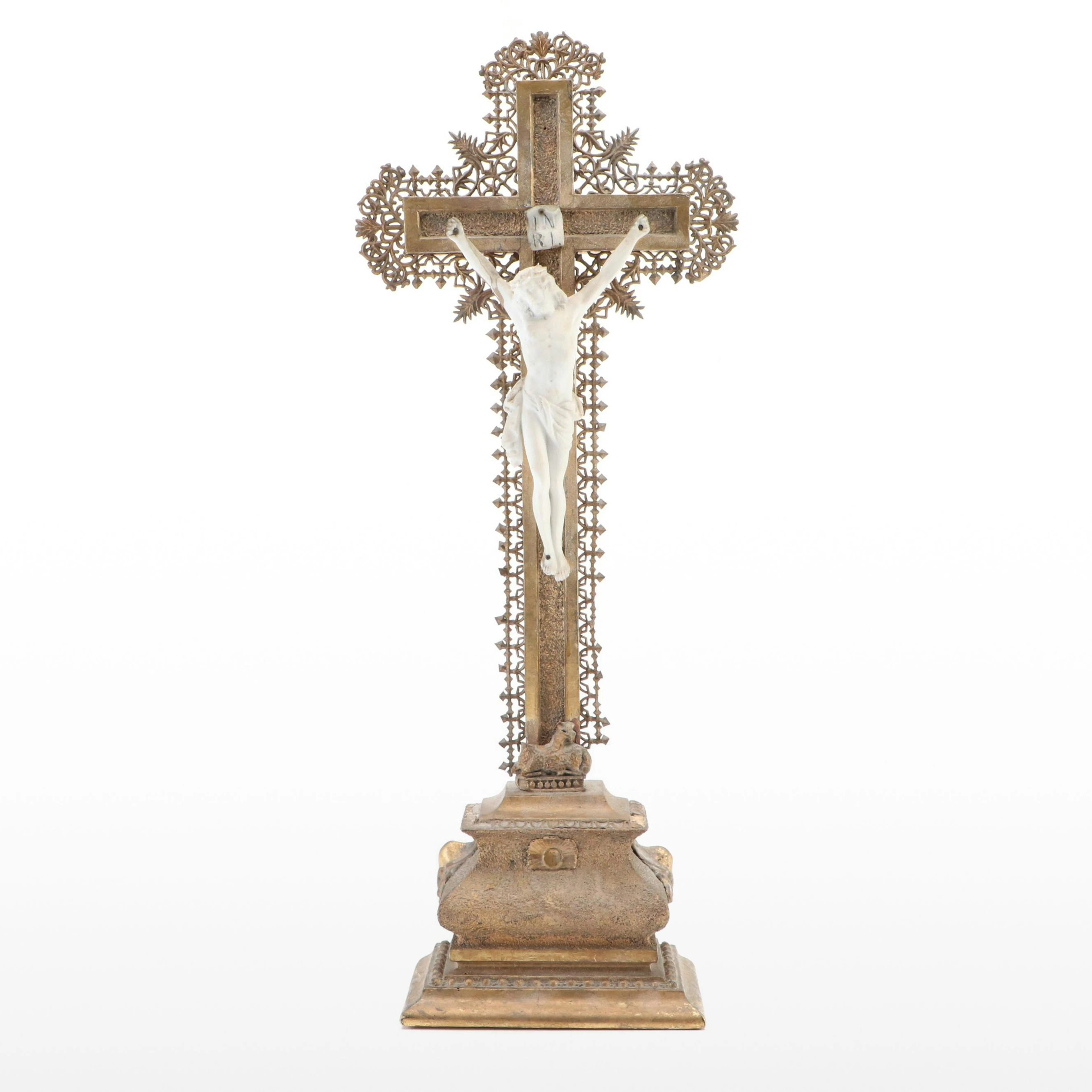 Giltwood and Spelter Crucifix with Porcelain Figure Of Christ