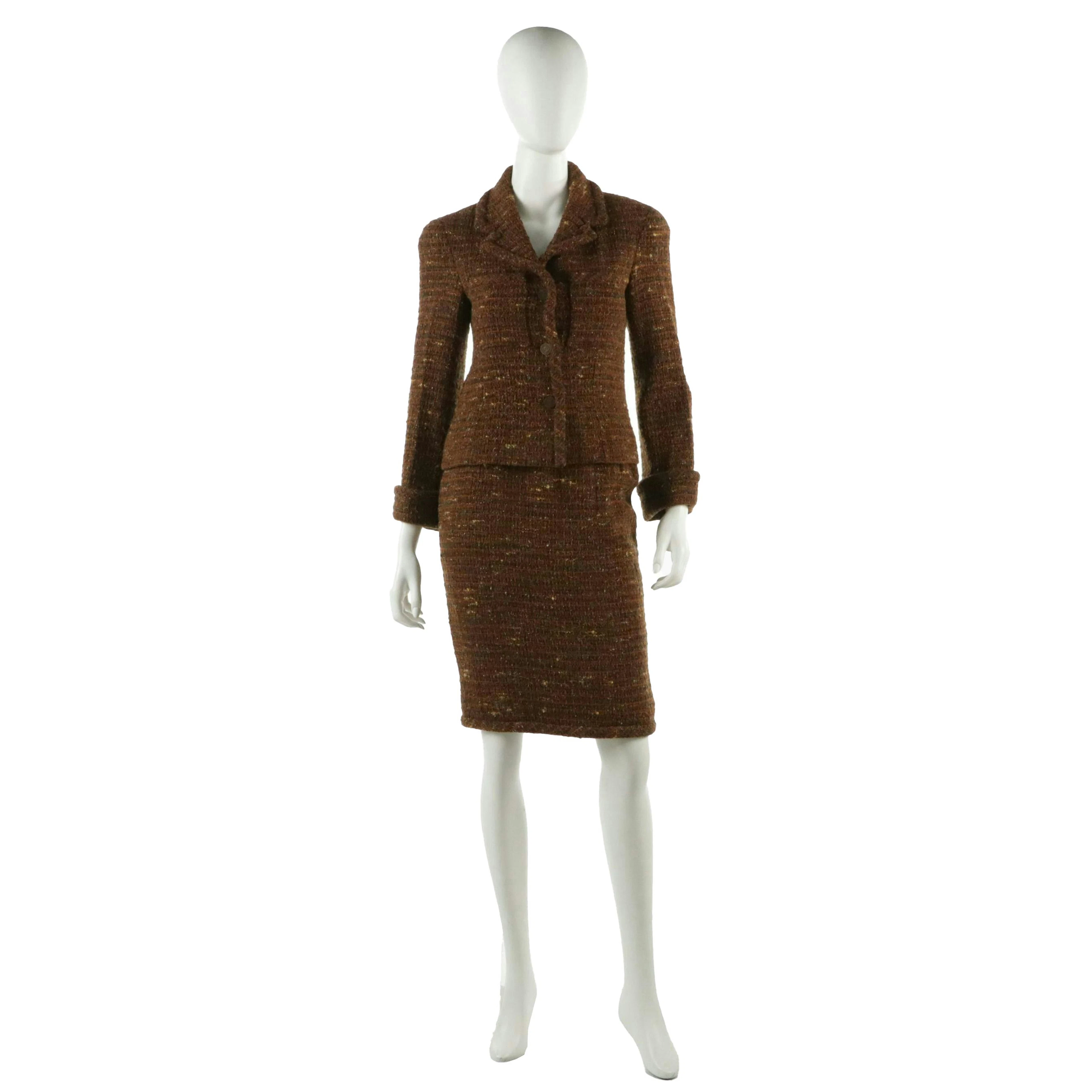 Chanel Speckled Burnt Orange Wool Tweed Skirt Suit, 1990s