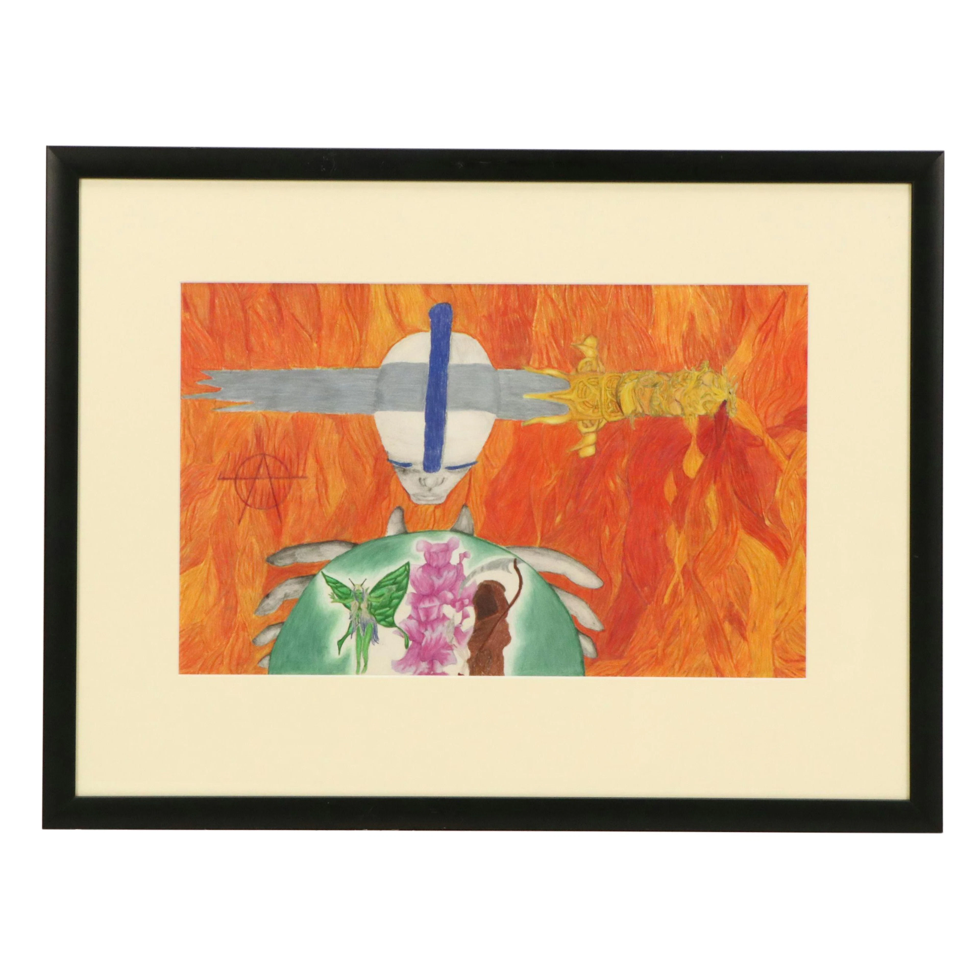 Fantasy Genre Colored Pencil Drawing with Knife and Deities, 21st Century