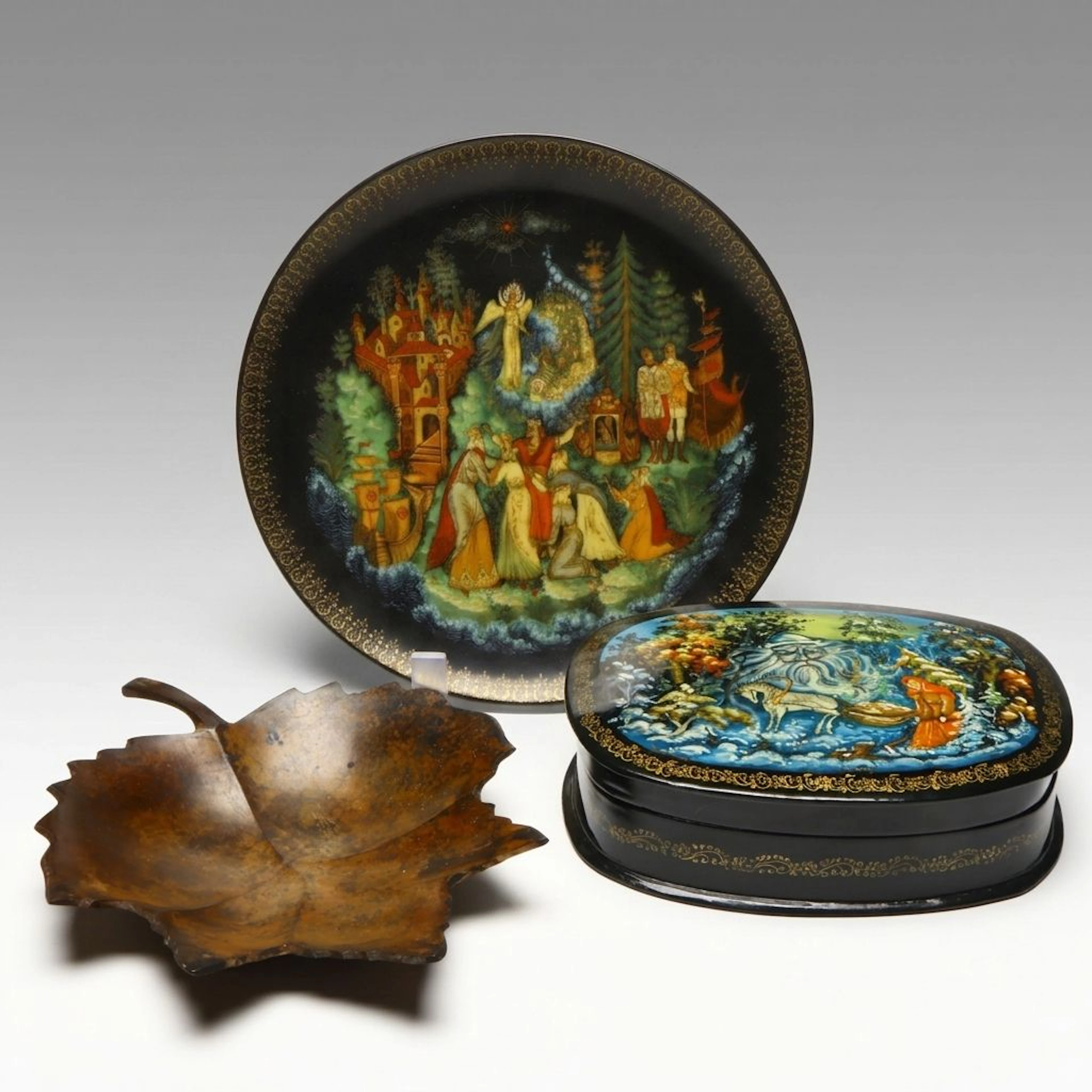 Russian Folk Art Fairy Tale Porcelain Plate and Lacquer Box with Metal