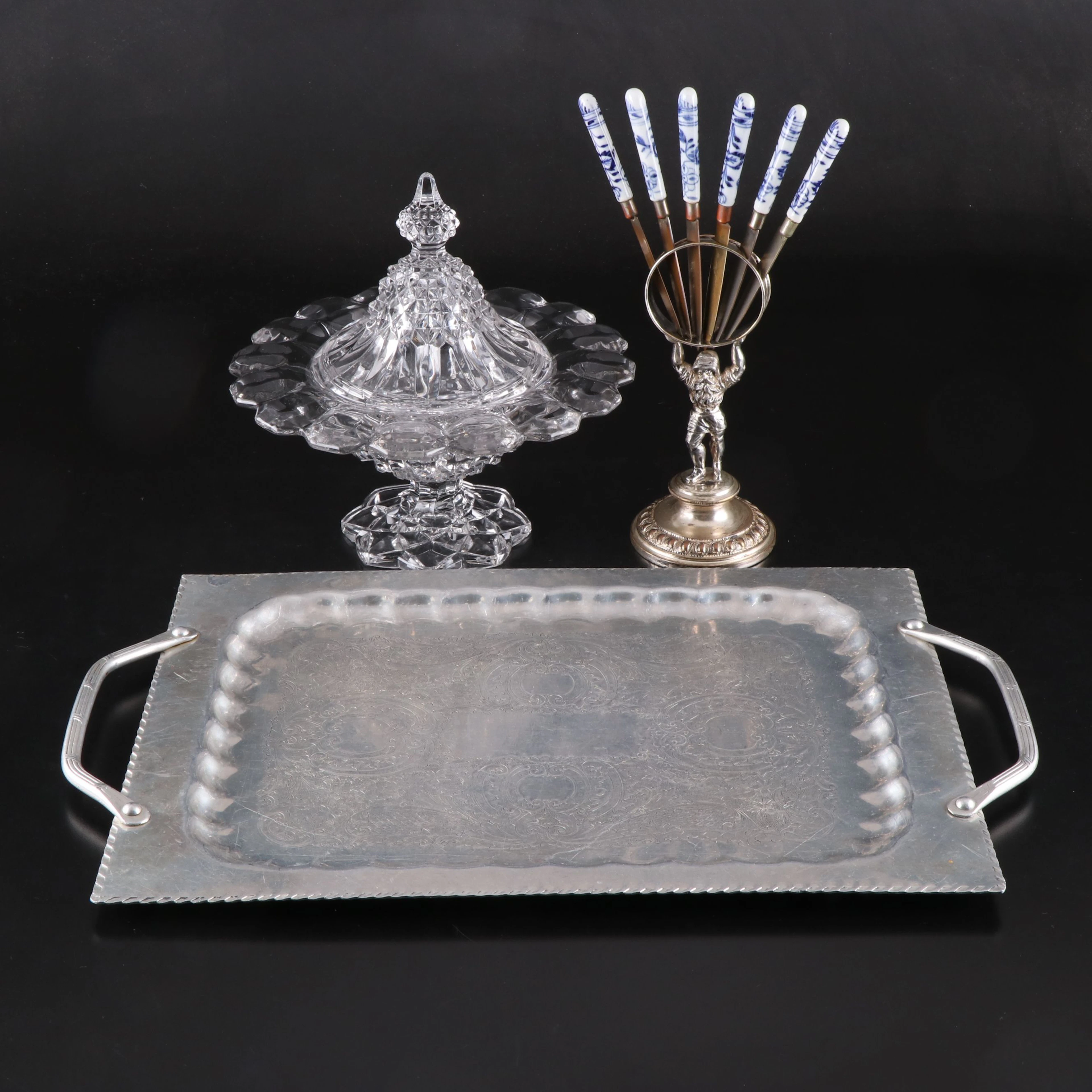 German Porcelain Handle Fruit Knife Set with Crystal Bowl and Tray