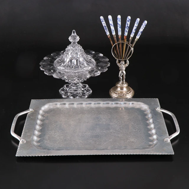 German Porcelain Handle Fruit Knife Set with Crystal Bowl and Tray