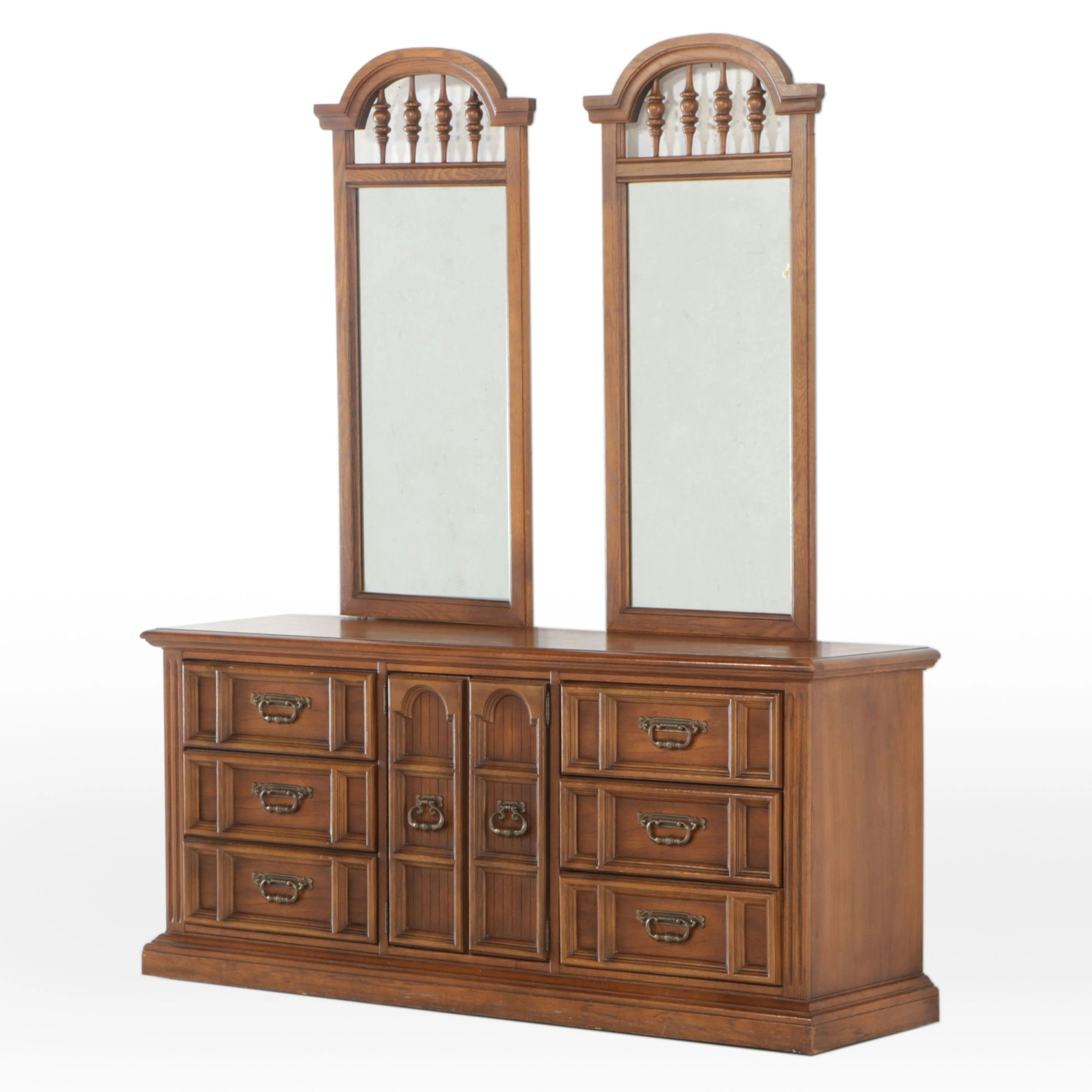 Mediterranean Style Oak Dresser with Double Mirror, Mid to Late 20th Century