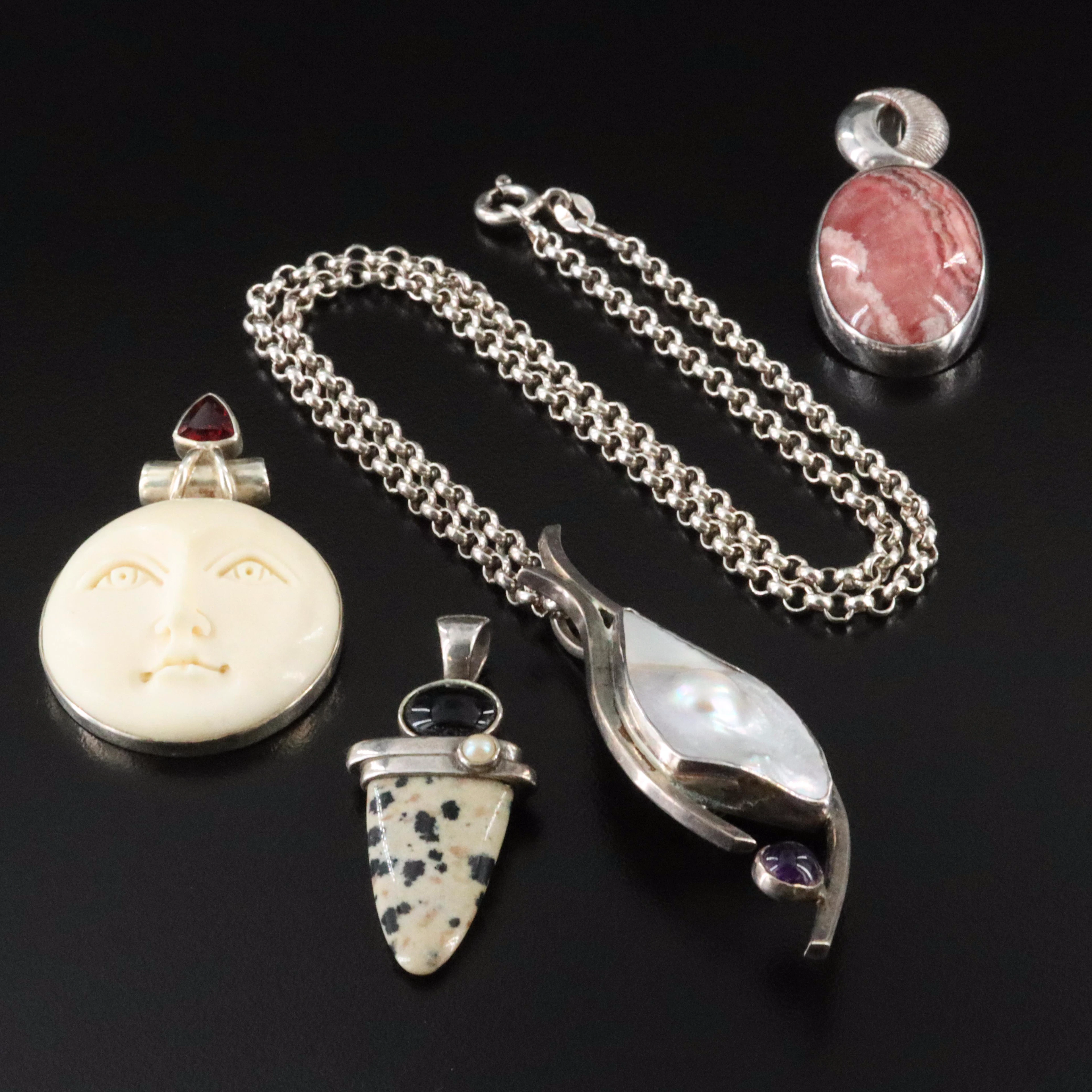 Sterling Gemstone Pendants and Necklace with Rhodochrosite and Bone
