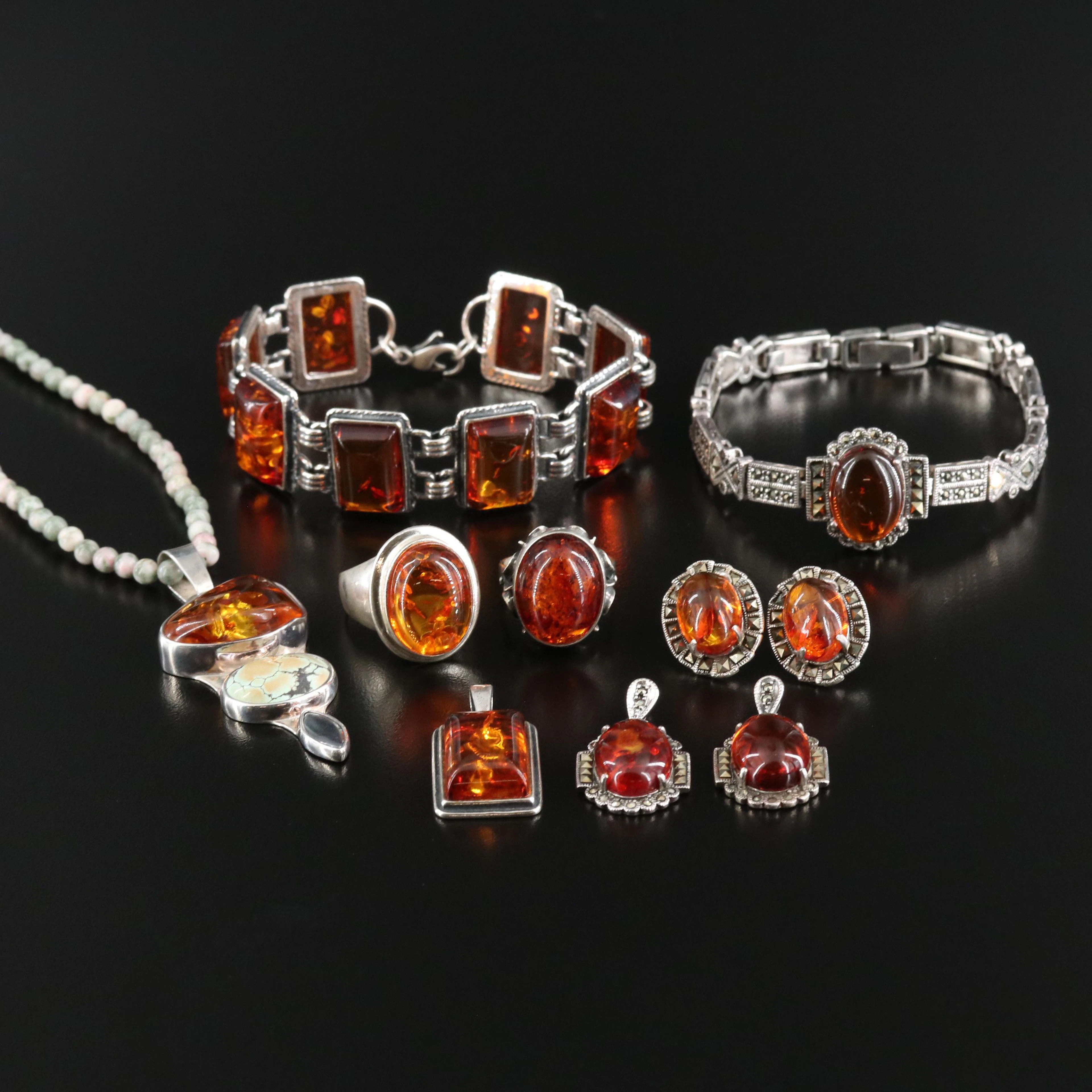 Sterling Amber, Hematite, and Unakite Jewelry Selection