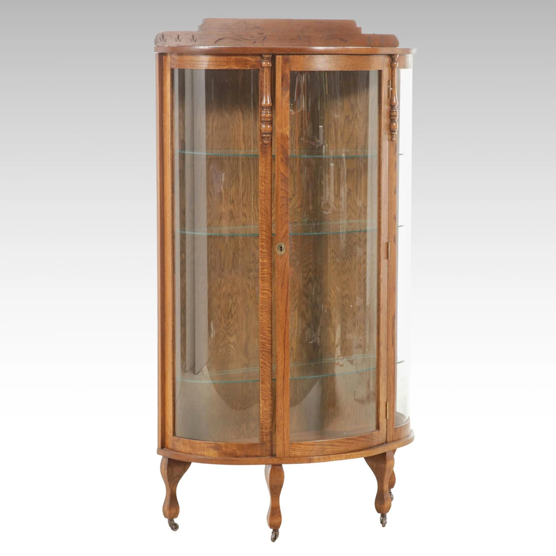 Carved Oak Curved Glass Curio Cabinet, 20th Century