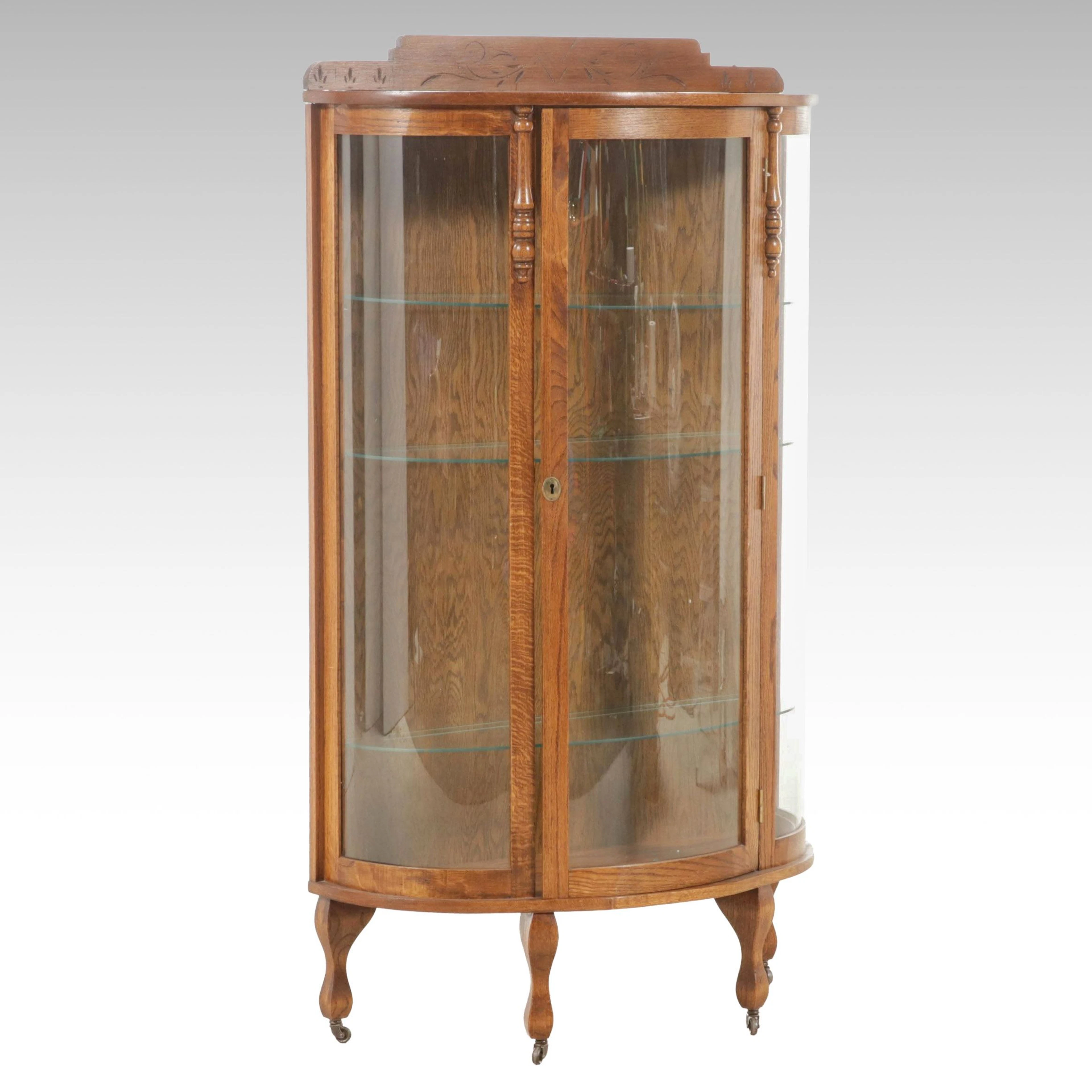 Carved Oak Curved Glass Curio Cabinet, 20th Century