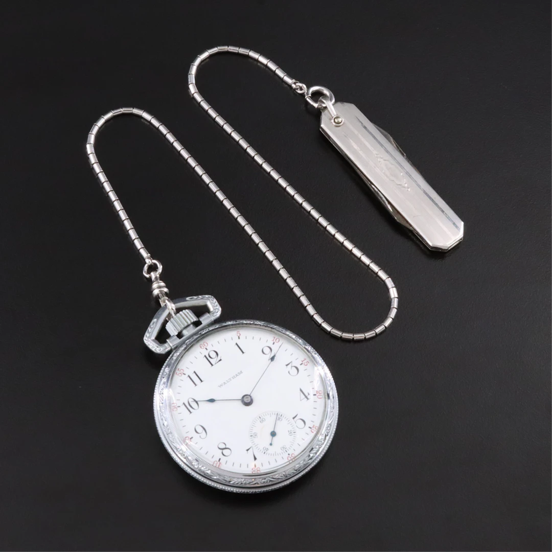 Waltham Silver-Tone Pocket Watch with Pen Knife Fob