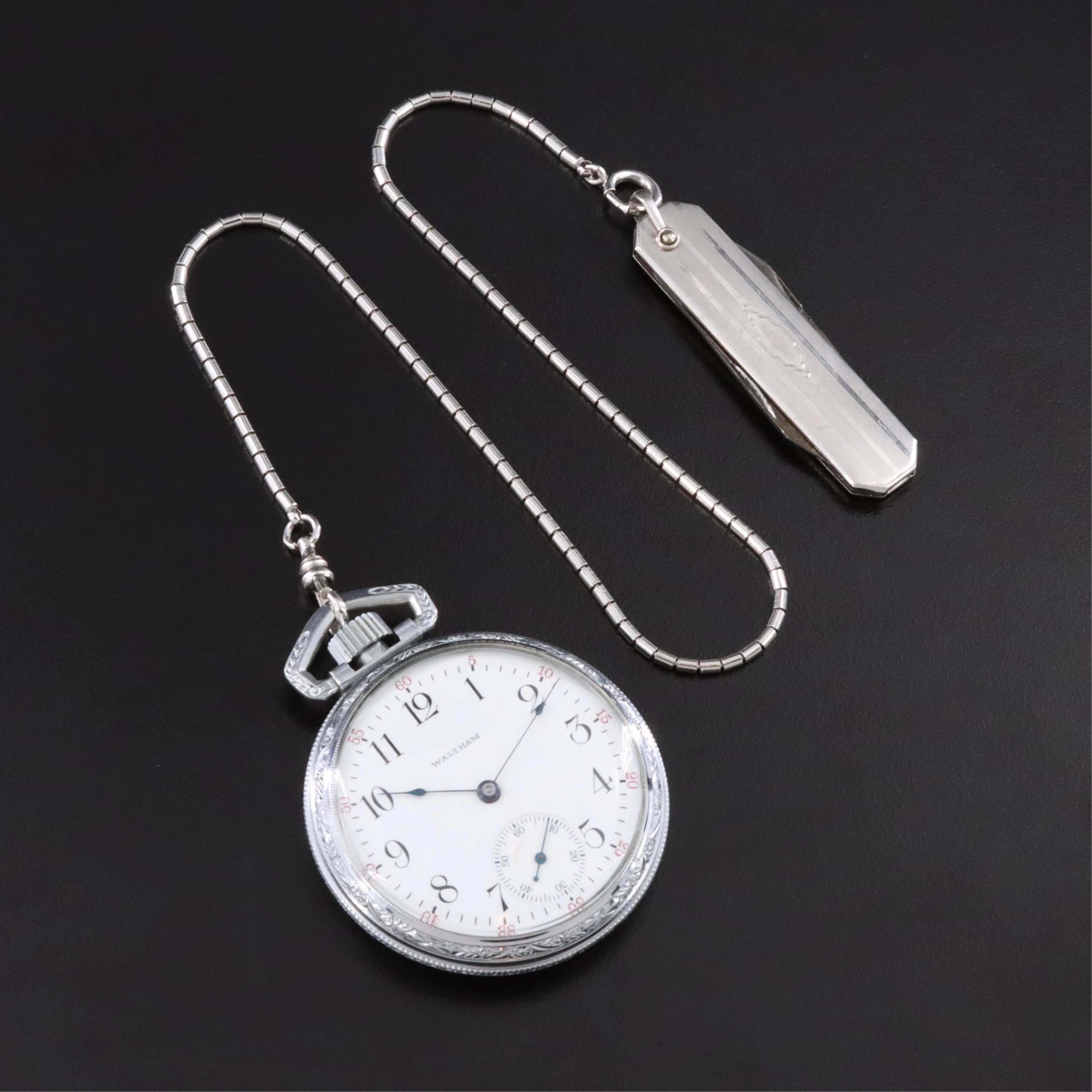 Waltham Silver-Tone Pocket Watch with Pen Knife Fob