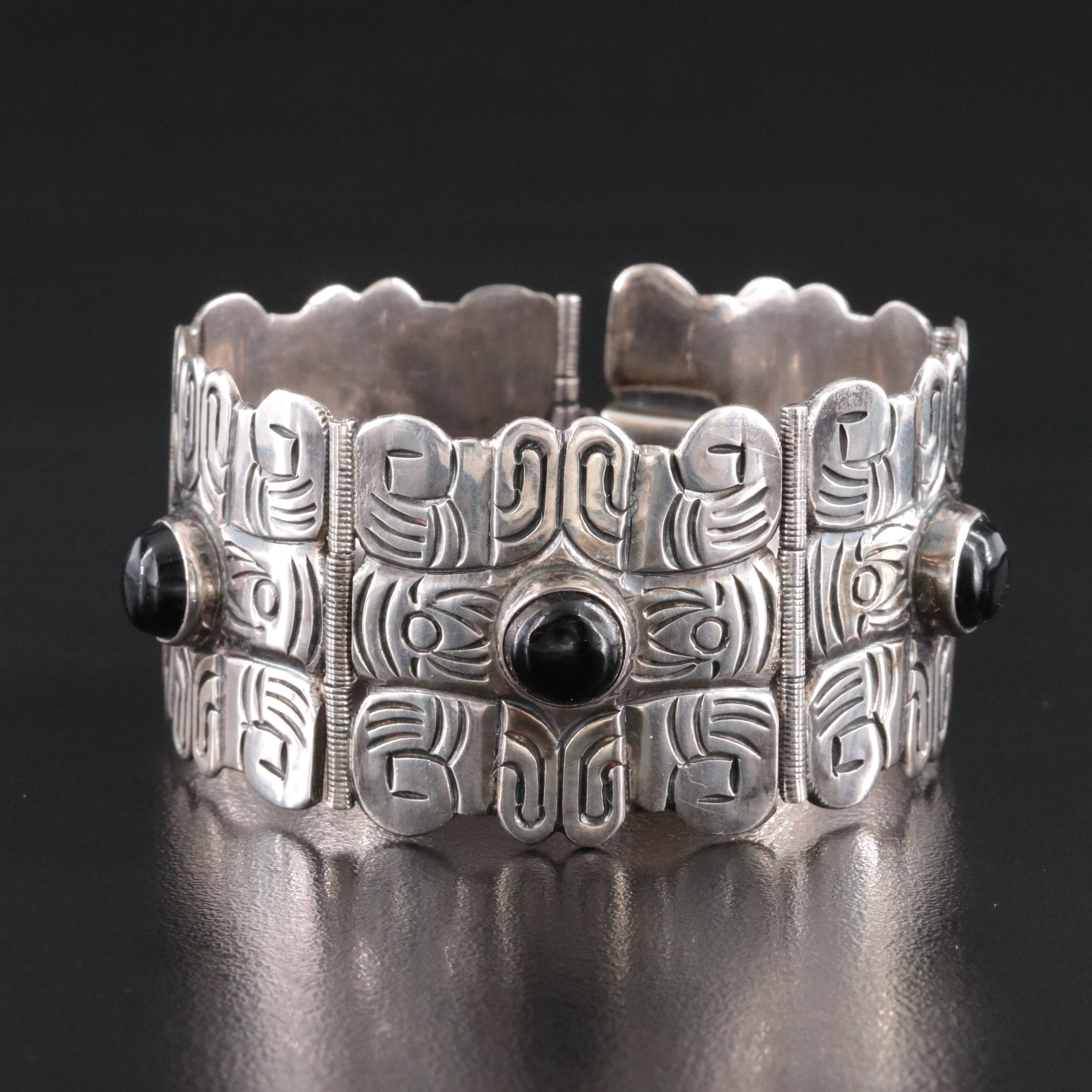 Mexican Sterling Obsidian Panel Bracelet