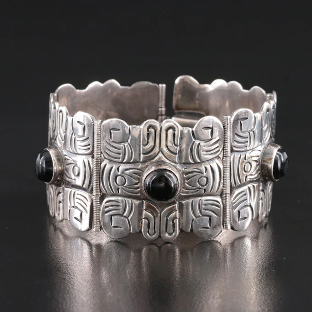 Mexican Sterling Obsidian Panel Bracelet